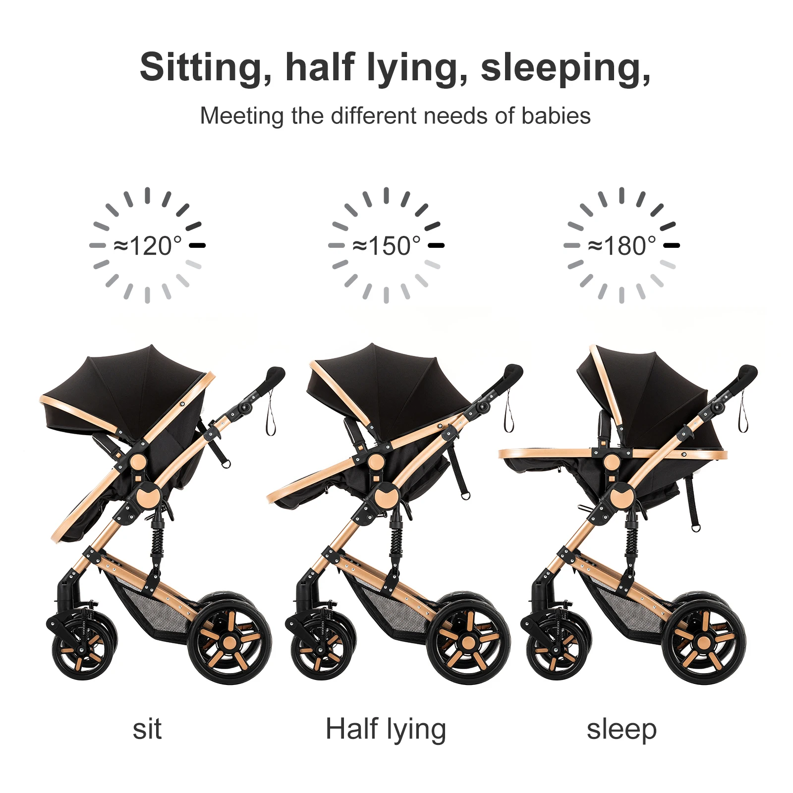 3-in-1 Baby Stroller Travel System with Infant Car Seat and Reversible Convertible Bassinet, Compact One-Hand Fold Lightweight Pushchair Pram, All-Terrain Shock-Absorbing EVA Wheels, Adjustable Canopy, Soft Cushion, Large Basket, 5-Point Harness, Suitable
