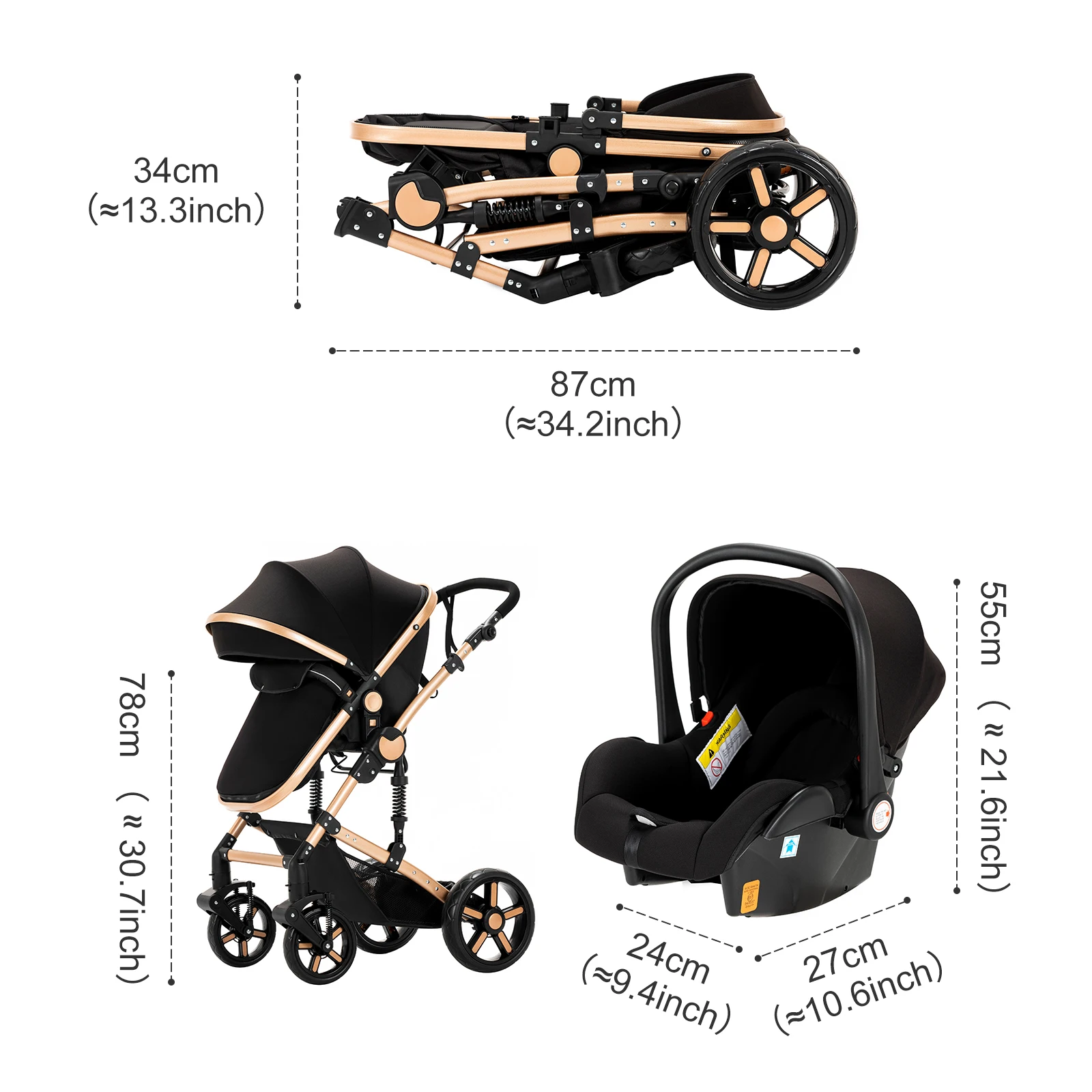 3-in-1 Baby Stroller Travel System with Infant Car Seat and Reversible Convertible Bassinet, Compact One-Hand Fold Lightweight Pushchair Pram, All-Terrain Shock-Absorbing EVA Wheels, Adjustable Canopy, Soft Cushion, Large Basket, 5-Point Harness, Suitable