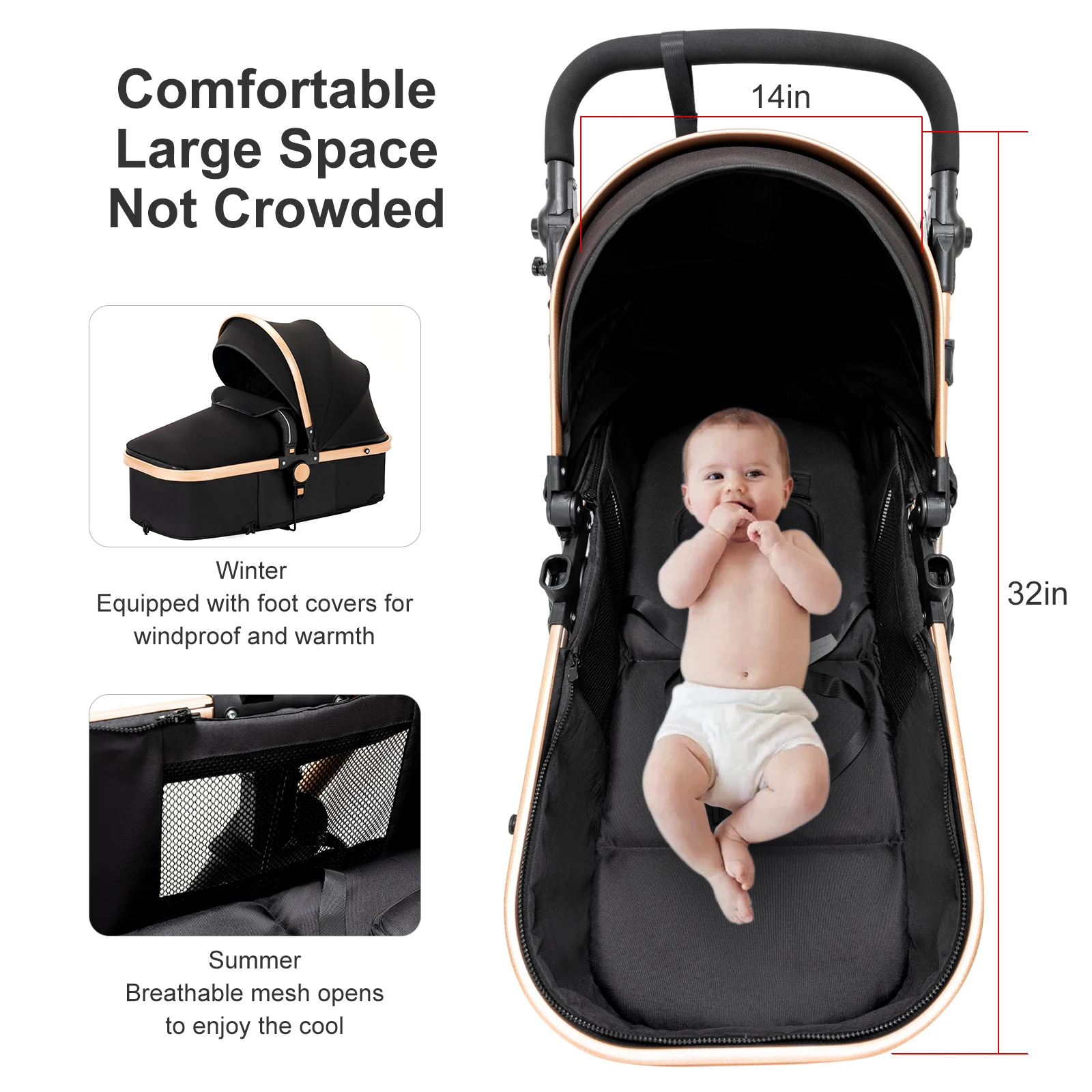 3-in-1 Baby Stroller Travel System with Infant Car Seat and Reversible Convertible Bassinet, Compact One-Hand Fold Lightweight Pushchair Pram, All-Terrain Shock-Absorbing EVA Wheels, Adjustable Canopy, Soft Cushion, Large Basket, 5-Point Harness, Suitable