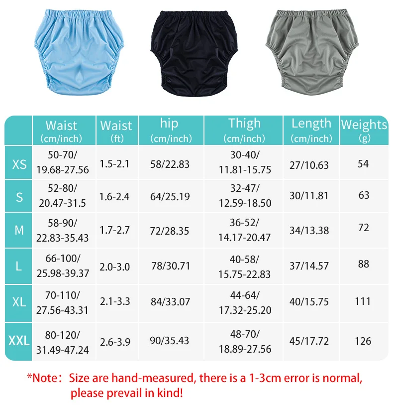 3pcs Solid Color Waterproof iaper for Adults Washable Reusable Diaper Care Pants Leak-proof Pants Waterproof Eldly Diaper Cover