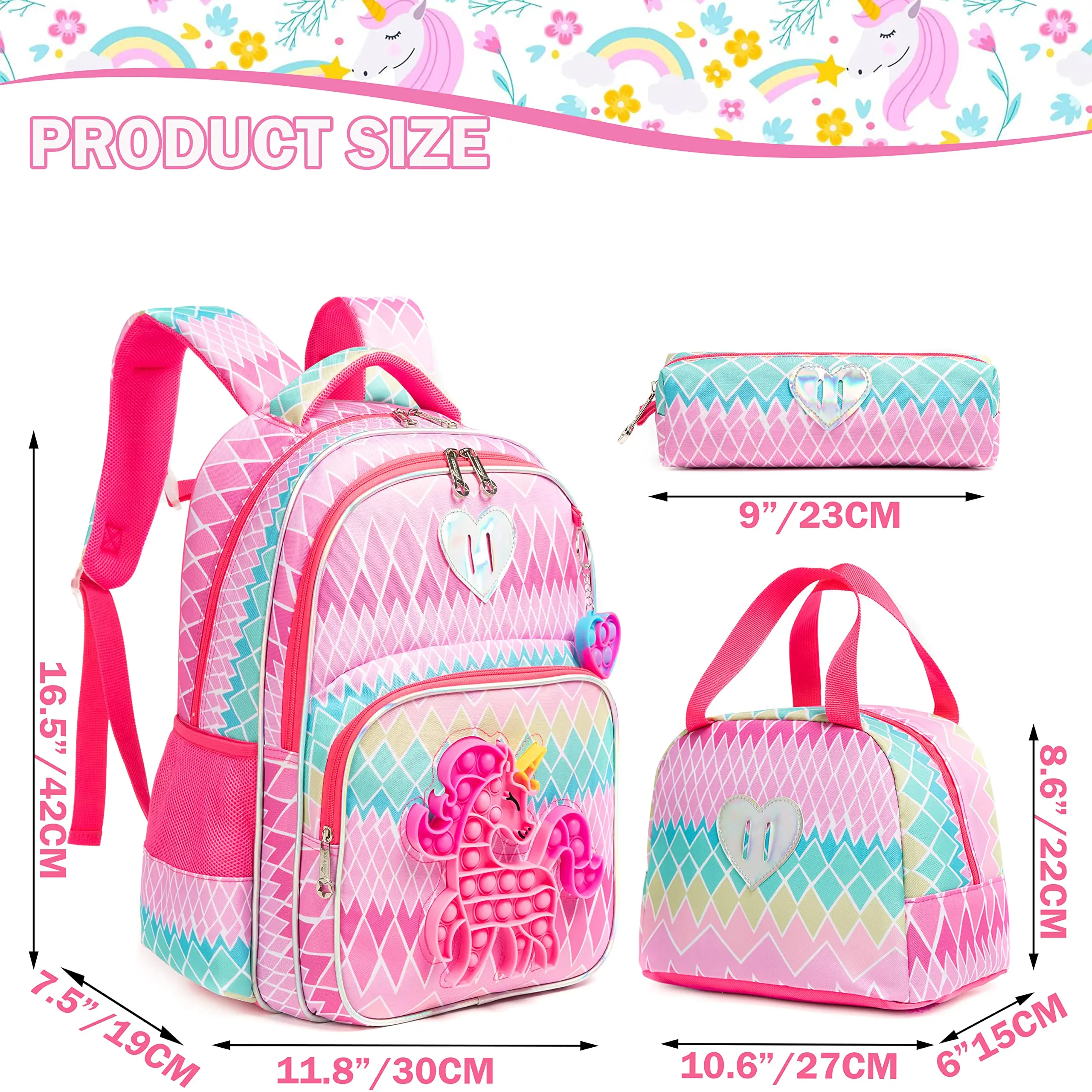 Meetbelify 16.5'' POP Backpack for Girls Kids Elementary Preschool Student with Lunch Box Pencil Case 3 in 1