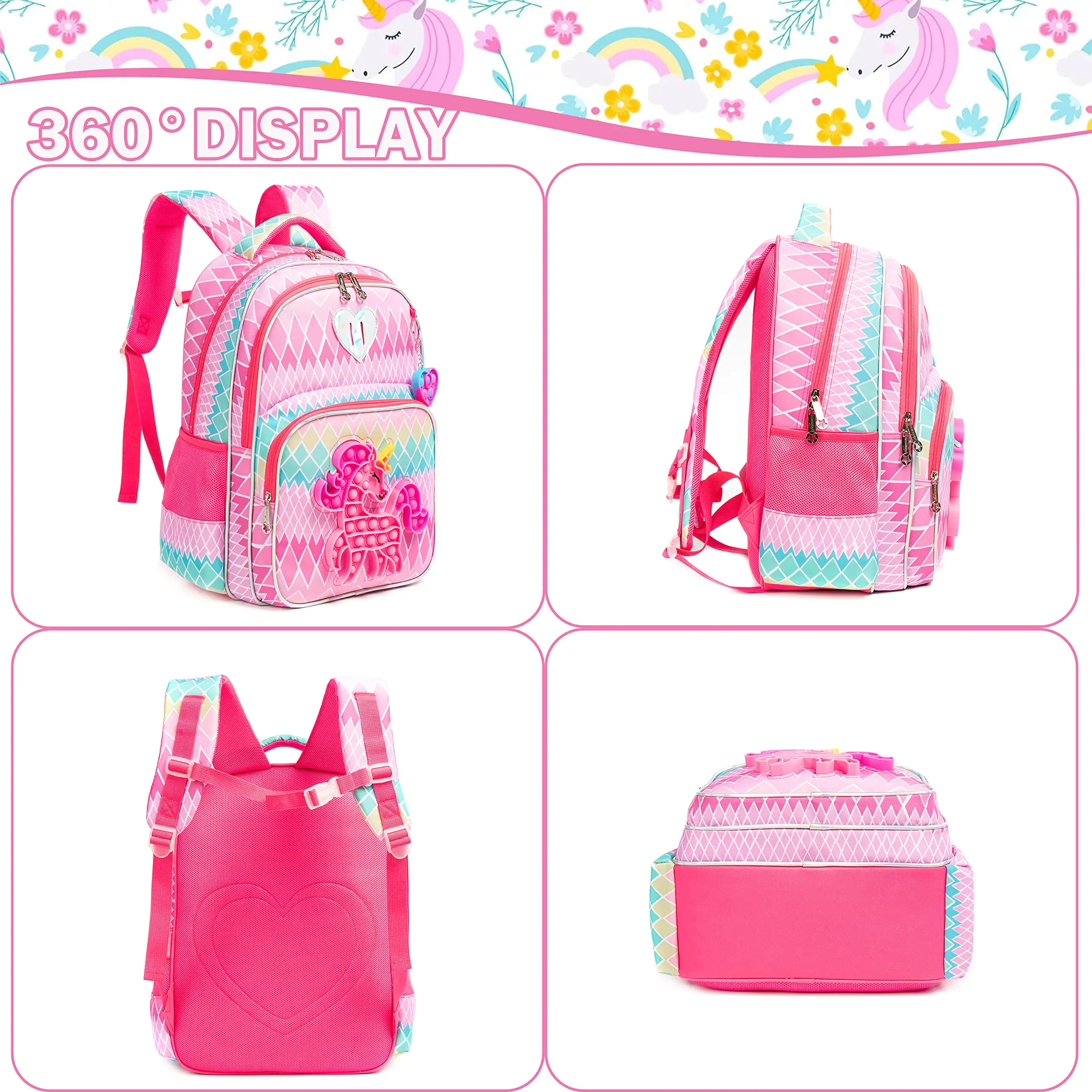 Meetbelify 16.5'' POP Backpack for Girls Kids Elementary Preschool Student with Lunch Box Pencil Case 3 in 1