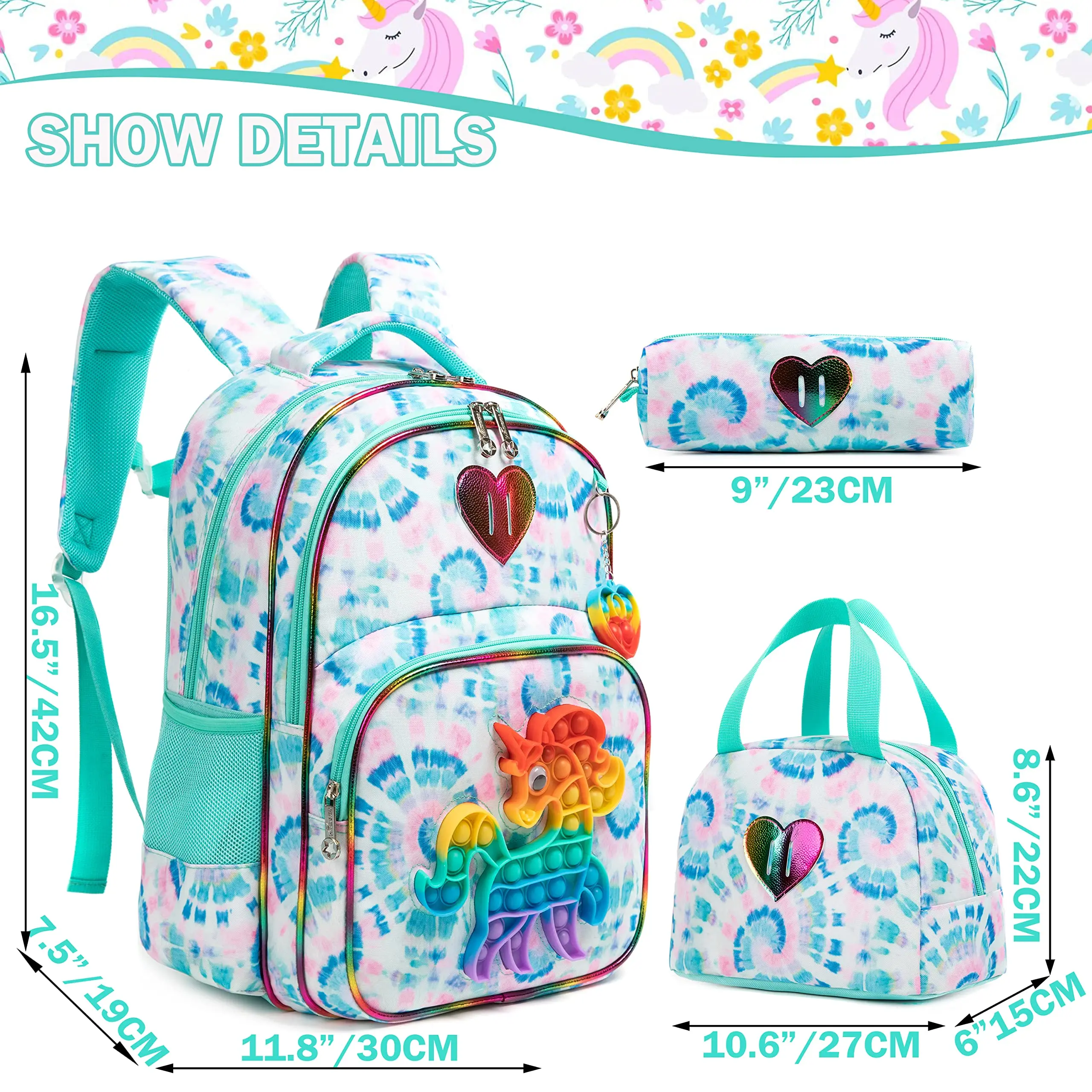 Meetbelify 16.5'' POP Backpack for Girls Kids Elementary Preschool Student with Lunch Box Pencil Case 3 in 1