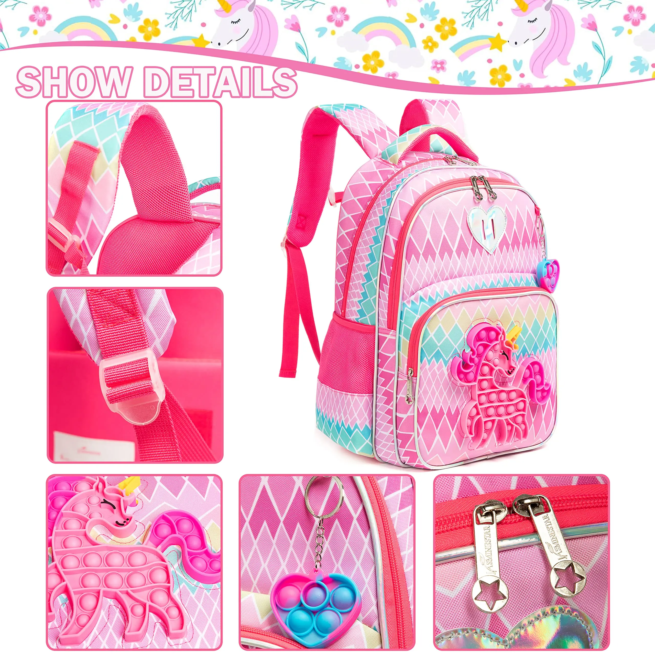 Meetbelify 16.5'' POP Backpack for Girls Kids Elementary Preschool Student with Lunch Box Pencil Case 3 in 1