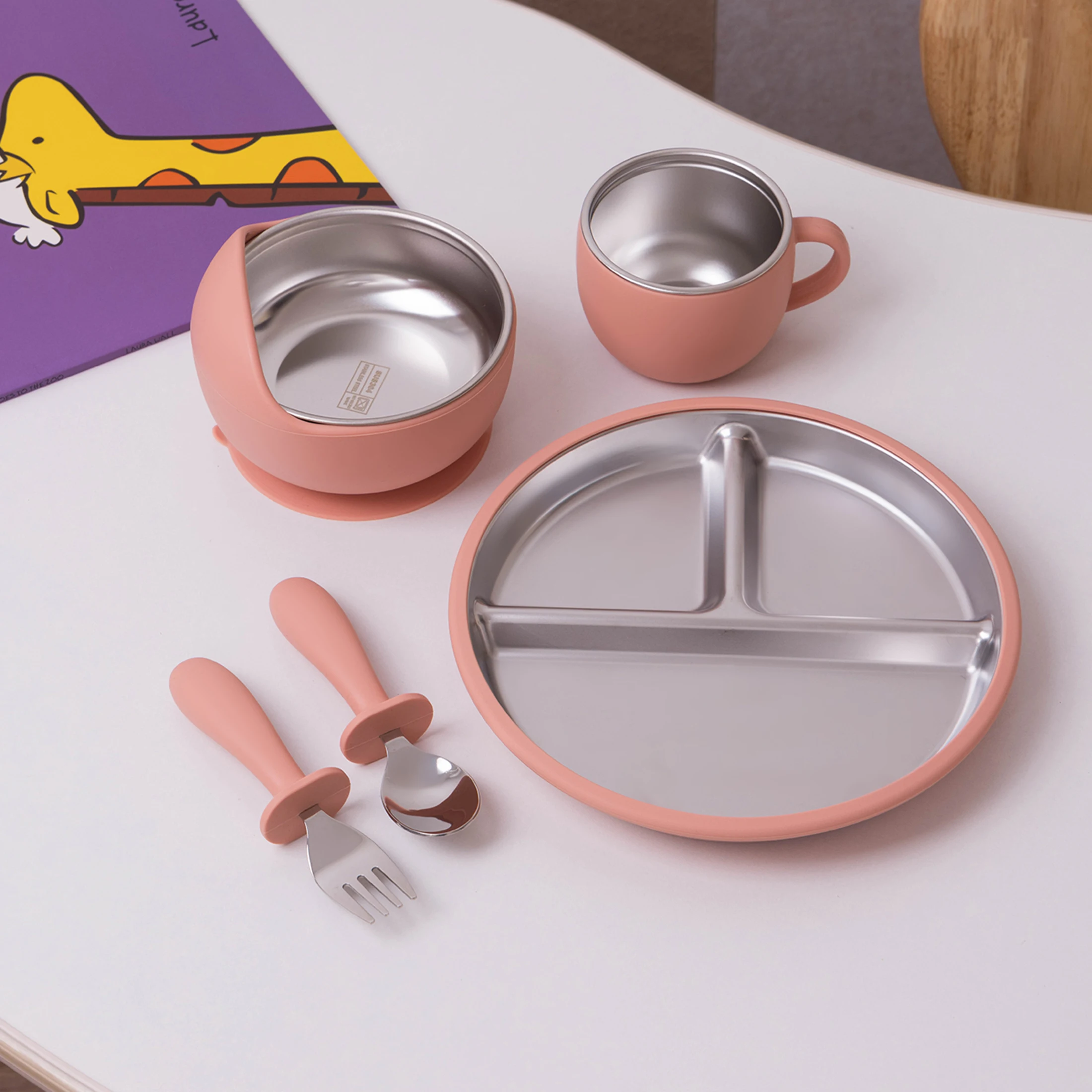 5PCS Stainless Steel Dishes Plate Baby Feeding Set With Detachable Silicone Sucker Bowl BPA Free Infant Fork Spoon Cup Gifts