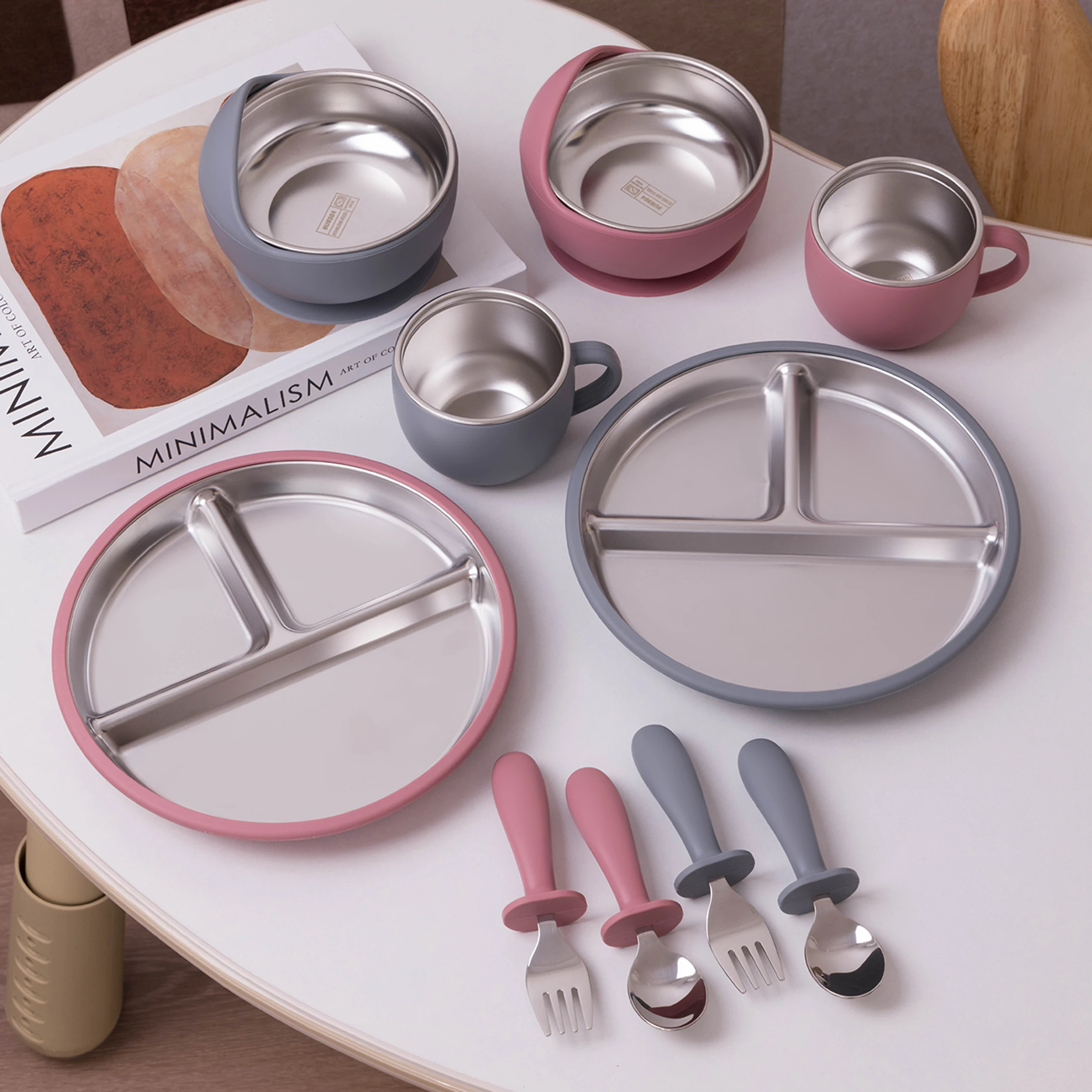 5PCS Stainless Steel Dishes Plate Baby Feeding Set With Detachable Silicone Sucker Bowl BPA Free Infant Fork Spoon Cup Gifts
