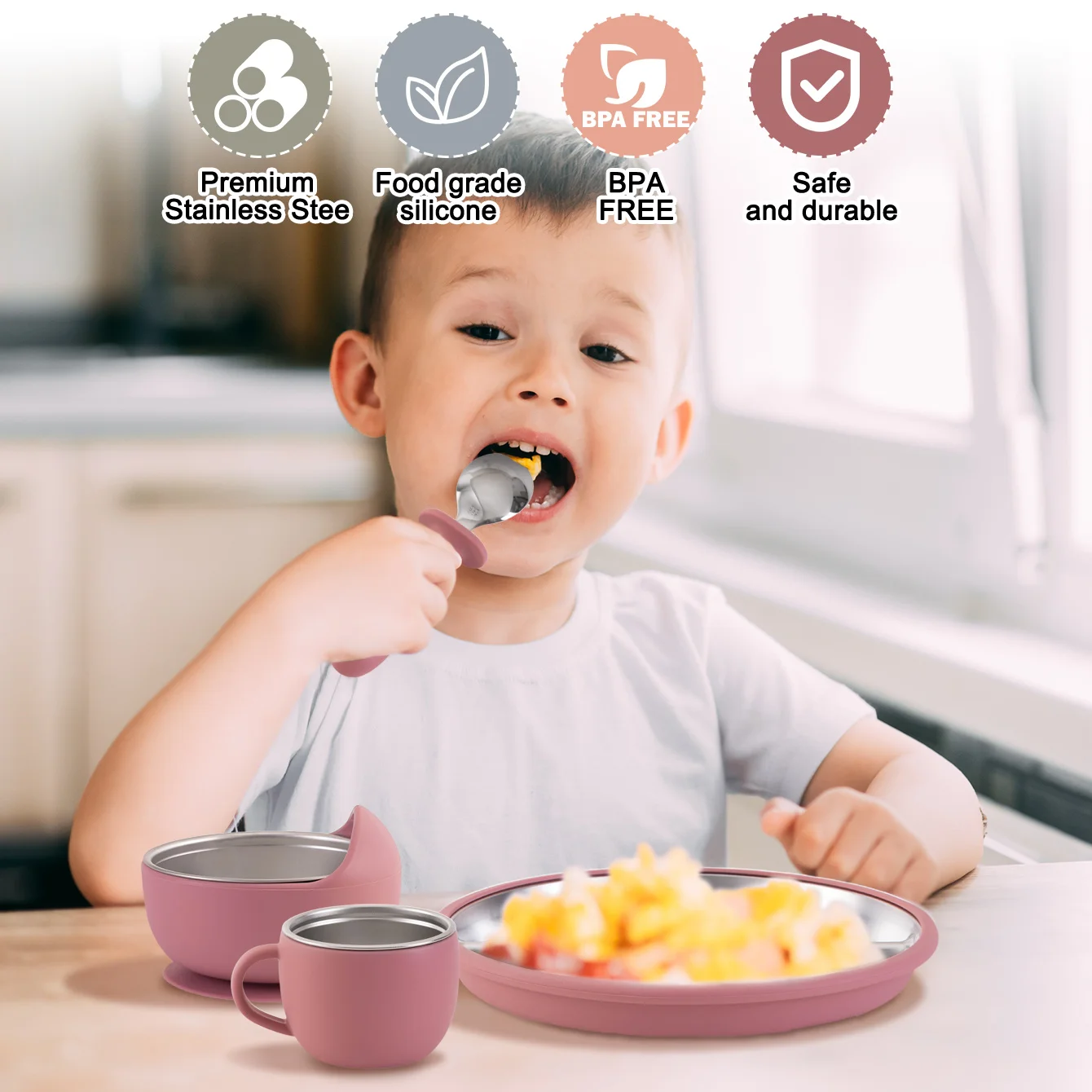 5PCS Stainless Steel Dishes Plate Baby Feeding Set With Detachable Silicone Sucker Bowl BPA Free Infant Fork Spoon Cup Gifts
