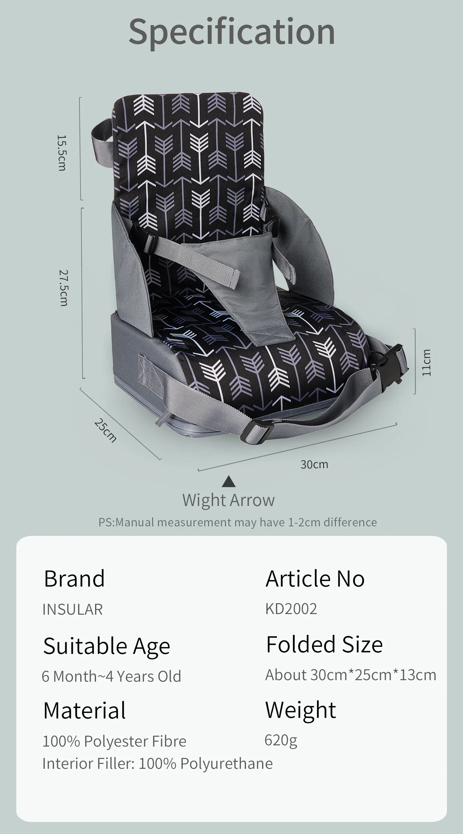 INSULAR Portable Foldable Anti Slip Children's Seat High Cushion Baby Dining Chair High Cushion Children's Travel Supplies