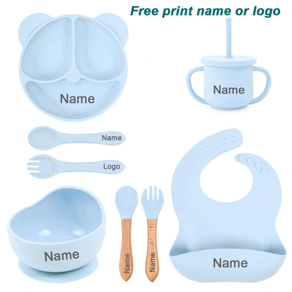 8Pcs/5Pcs Silicone Tableware For Kids Baby Feeding Set Cartoon Plate Personalized Name Sucker Cup Plate Bowl Bib Newborn Gift