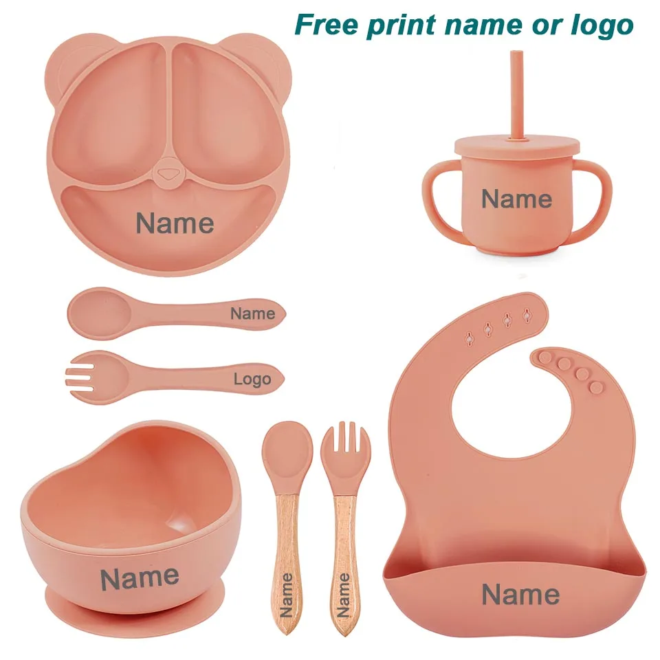 8Pcs/5Pcs Silicone Tableware For Kids Baby Feeding Set Cartoon Plate Personalized Name Sucker Cup Plate Bowl Bib Newborn Gift