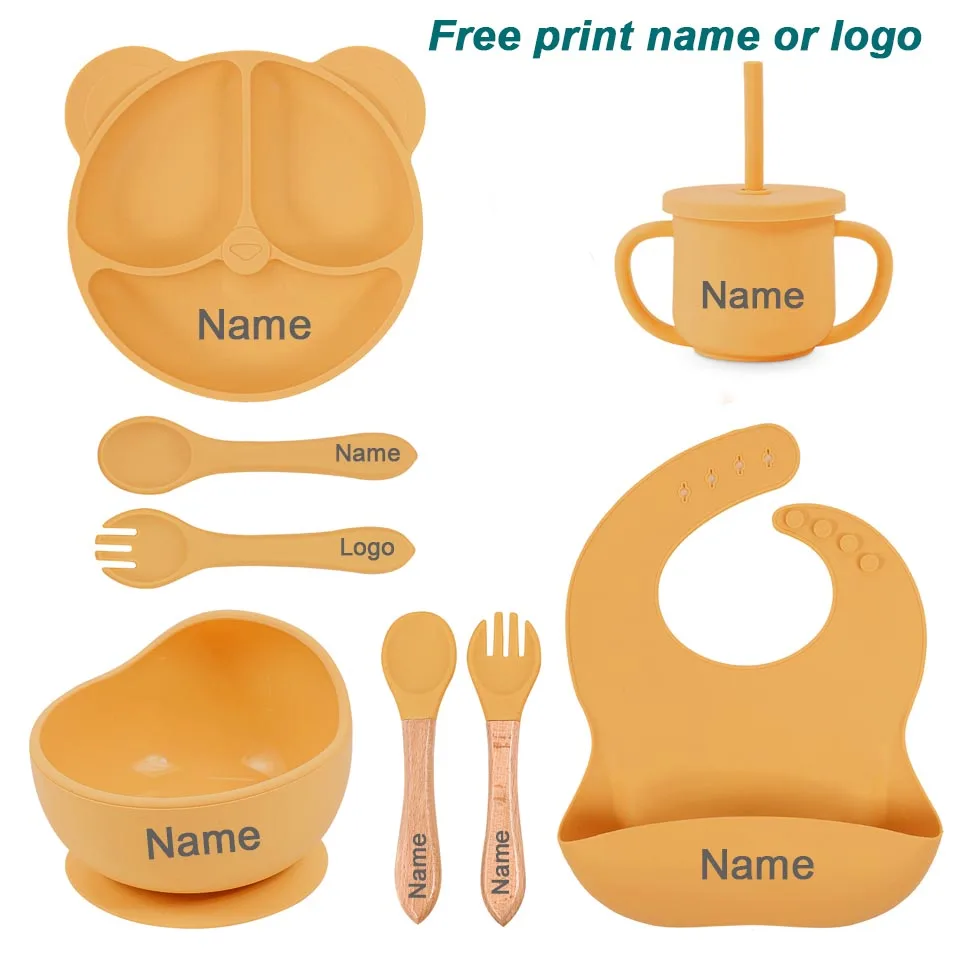 8Pcs/5Pcs Silicone Tableware For Kids Baby Feeding Set Cartoon Plate Personalized Name Sucker Cup Plate Bowl Bib Newborn Gift