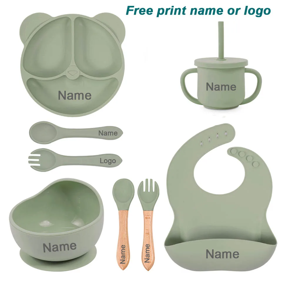 8Pcs/5Pcs Silicone Tableware For Kids Baby Feeding Set Cartoon Plate Personalized Name Sucker Cup Plate Bowl Bib Newborn Gift