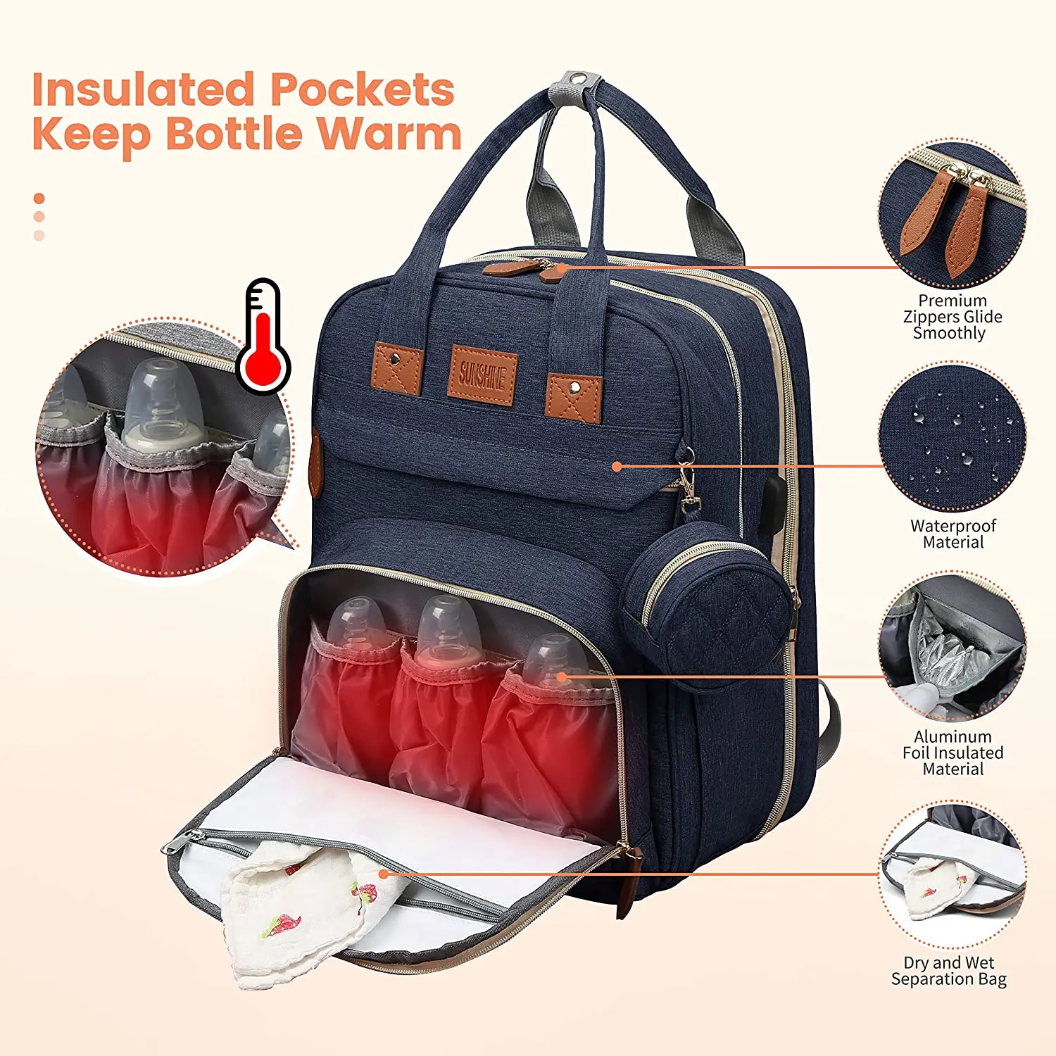 Foldable 3-in-1 Diaper Bag Backpack with USB Charge Waterproof Travel Bag Baby Bed And Changing Mat Included