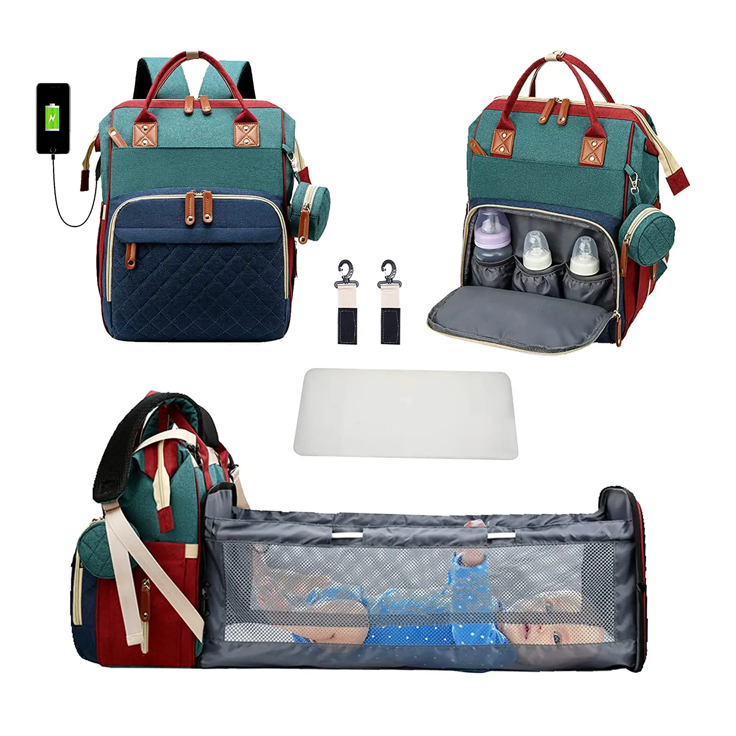 Foldable 3-in-1 Diaper Bag Backpack with USB Charge Waterproof Travel Bag Baby Bed And Changing Mat Included