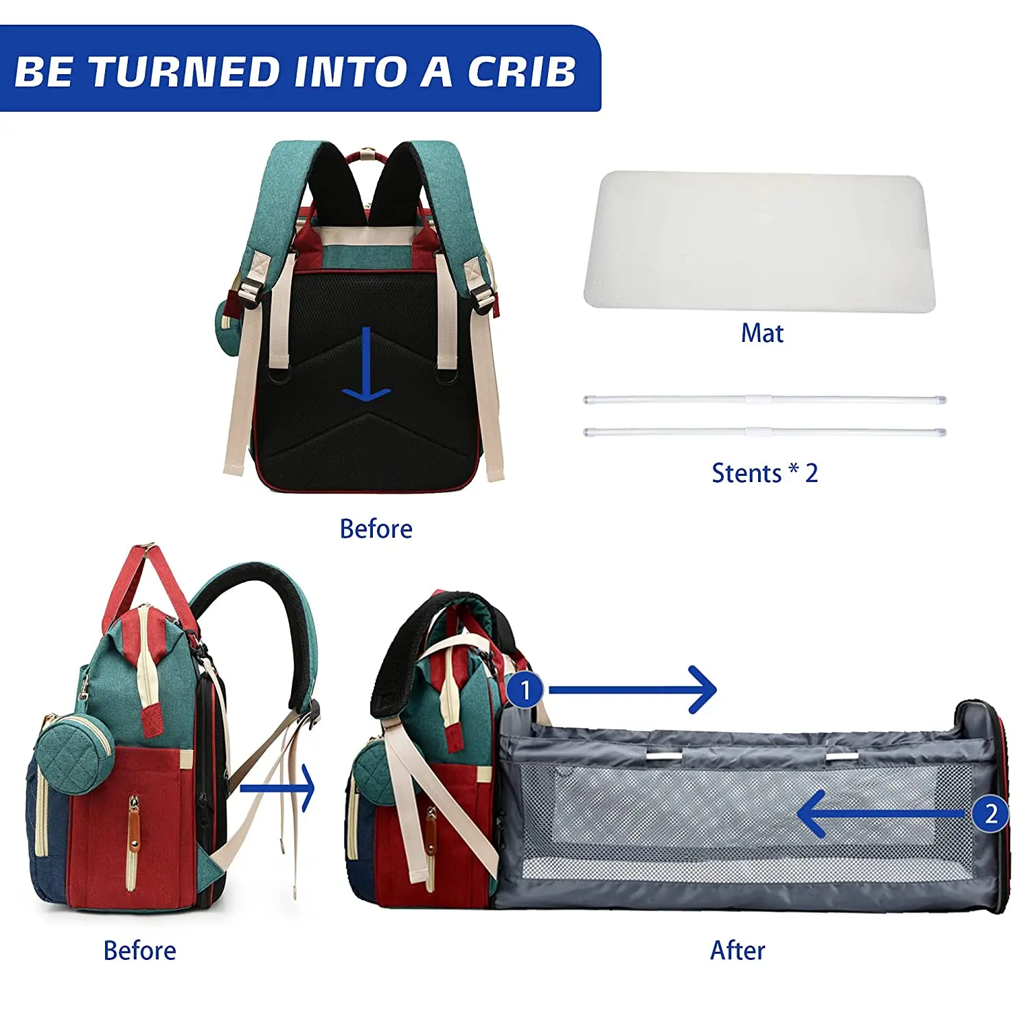 Foldable 3-in-1 Diaper Bag Backpack with USB Charge Waterproof Travel Bag Baby Bed And Changing Mat Included