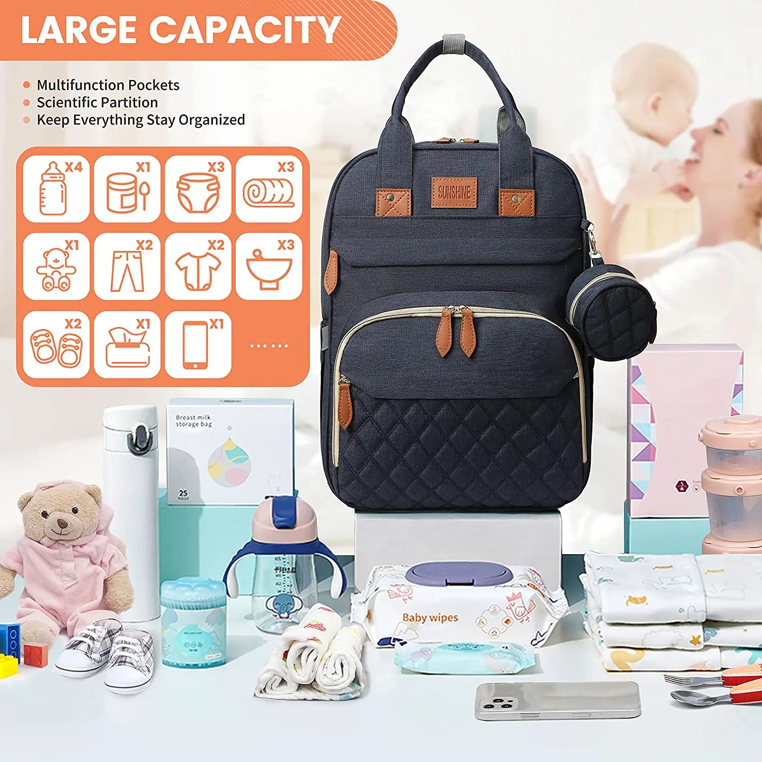 Foldable 3-in-1 Diaper Bag Backpack with USB Charge Waterproof Travel Bag Baby Bed And Changing Mat Included