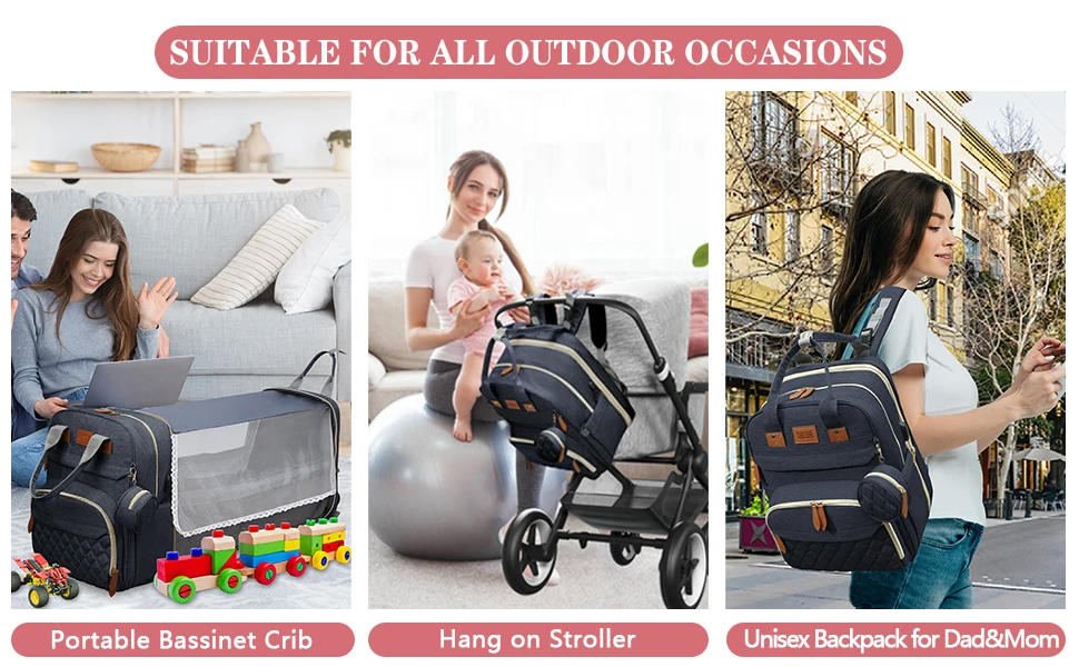 Foldable 3-in-1 Diaper Bag Backpack with USB Charge Waterproof Travel Bag Baby Bed And Changing Mat Included