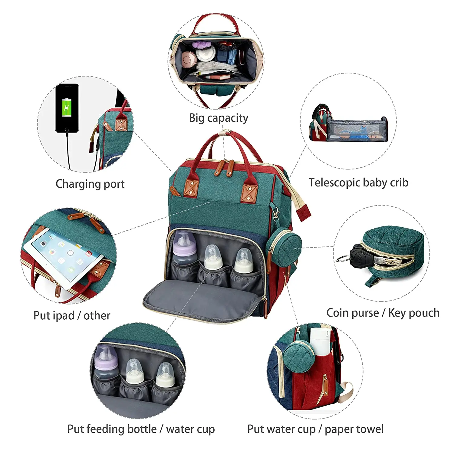 Foldable 3-in-1 Diaper Bag Backpack with USB Charge Waterproof Travel Bag Baby Bed And Changing Mat Included