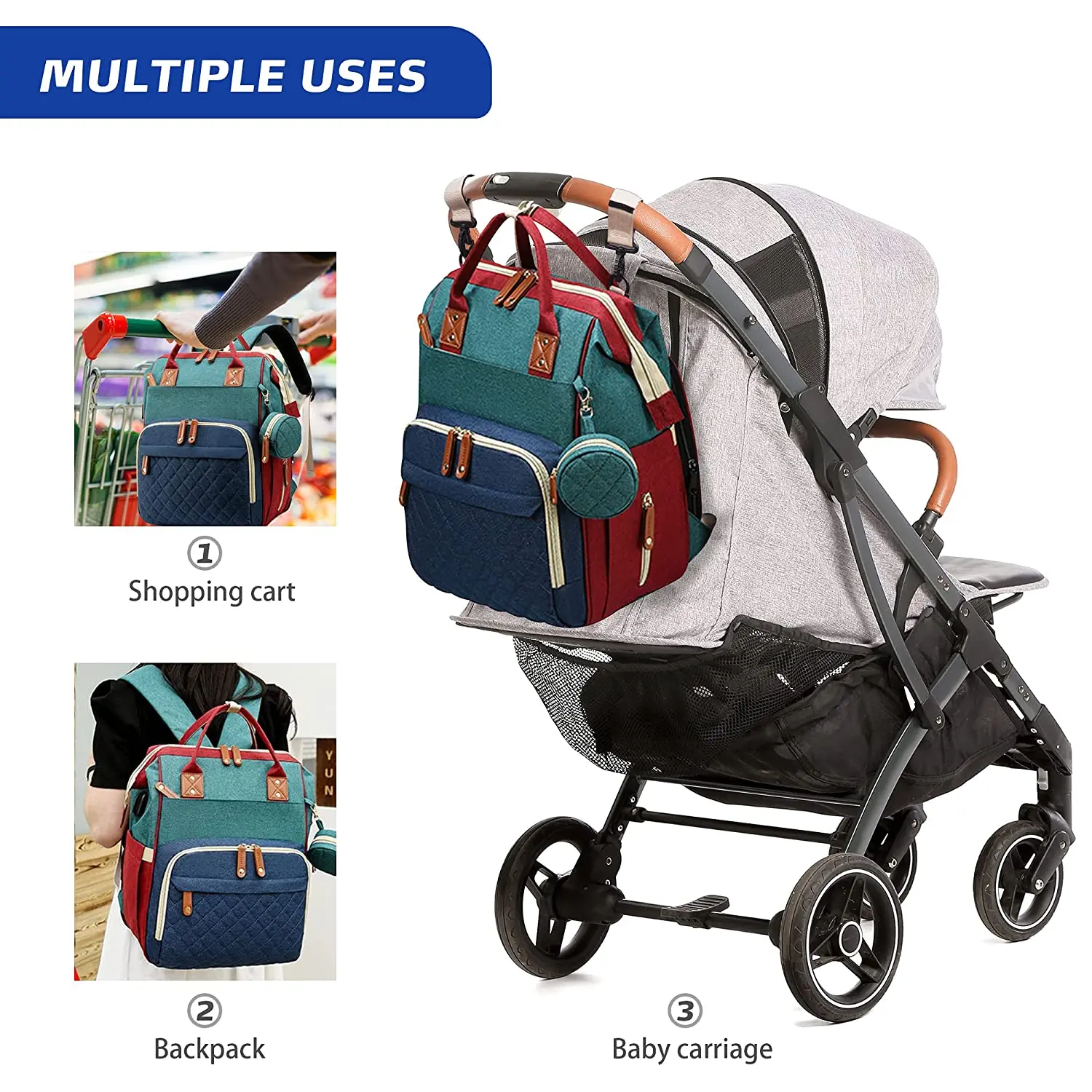Foldable 3-in-1 Diaper Bag Backpack with USB Charge Waterproof Travel Bag Baby Bed And Changing Mat Included