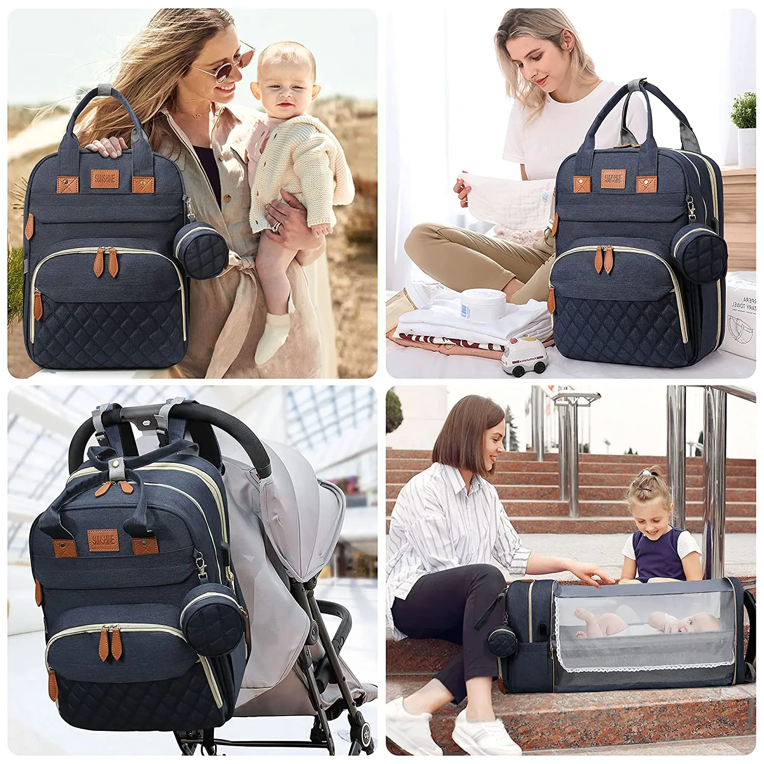 Foldable 3-in-1 Diaper Bag Backpack with USB Charge Waterproof Travel Bag Baby Bed And Changing Mat Included