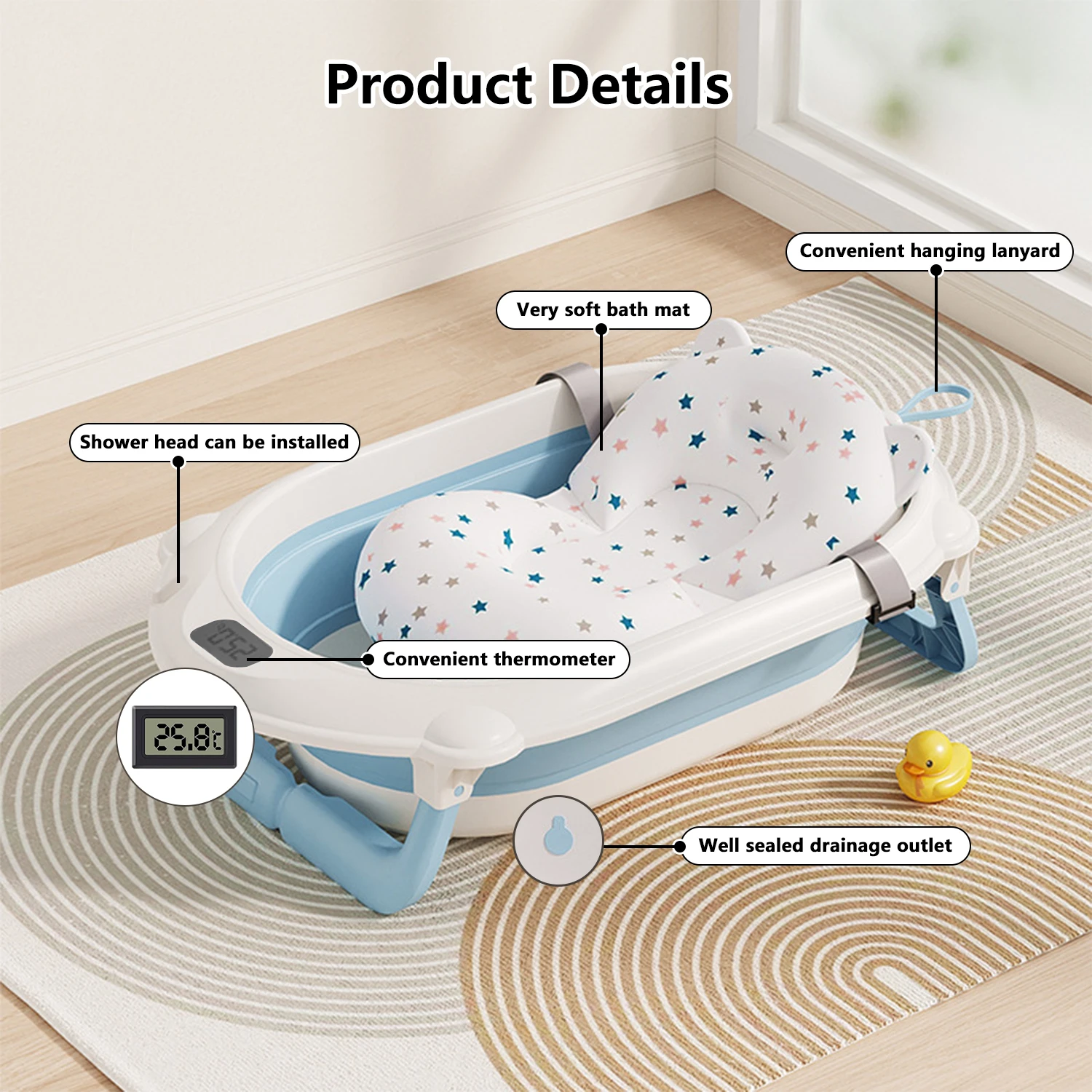 3 in 1 Baby Bath with Stand, Foldable Baby Bath Tub for Newborn to Toddler with Thermometer & Bath Pillow,Multifunctional,Grey