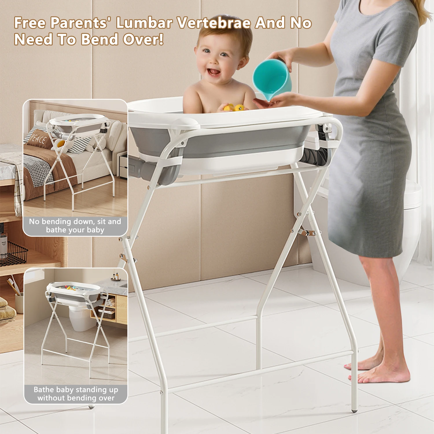 3 in 1 Baby Bath with Stand, Foldable Baby Bath Tub for Newborn to Toddler with Thermometer & Bath Pillow,Multifunctional,Grey