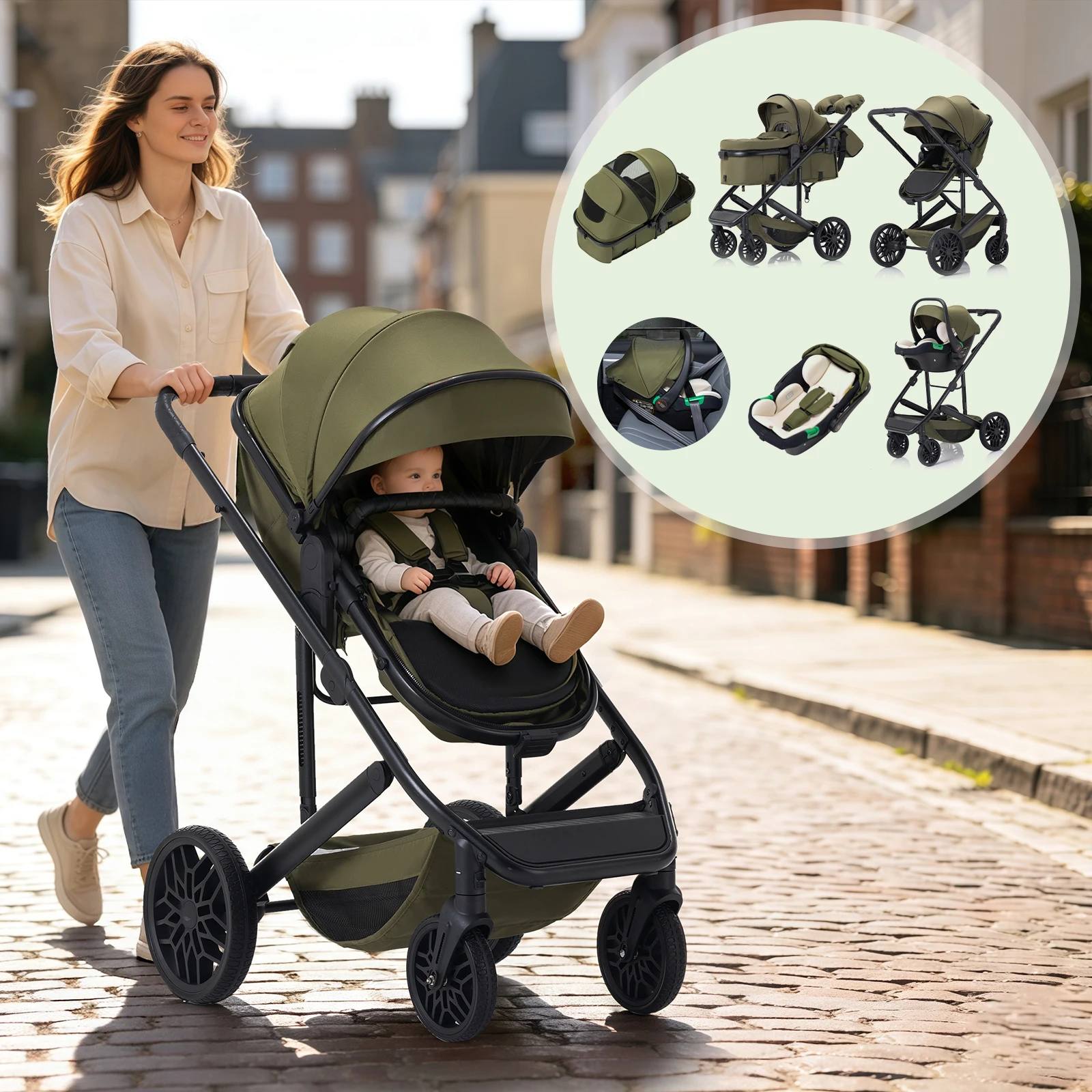 Luxurious 3 in 1 Portable Travel Baby Stroller High Landscape Aluminum Frame Foldable Pram Newborn Infant Four-Wheel Carriage