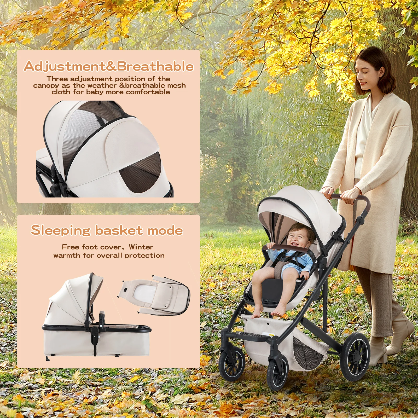 Luxurious 3 in 1 Portable Travel Baby Stroller High Landscape Aluminum Frame Foldable Pram Newborn Infant Four-Wheel Carriage
