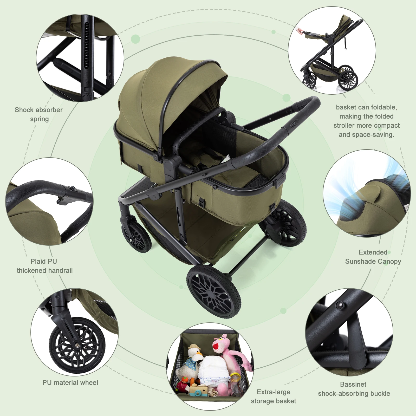 Luxurious 3 in 1 Portable Travel Baby Stroller High Landscape Aluminum Frame Foldable Pram Newborn Infant Four-Wheel Carriage
