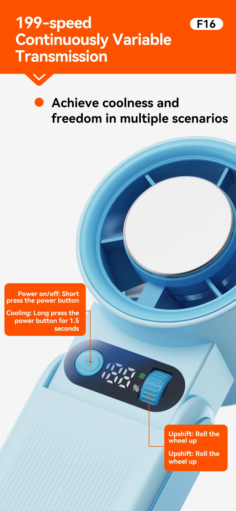 Portable Handheld Fan LED Digital Display With Refrigeration Board 90° Foldable 199Gear Strong Wind Speed 8000mAh F16
