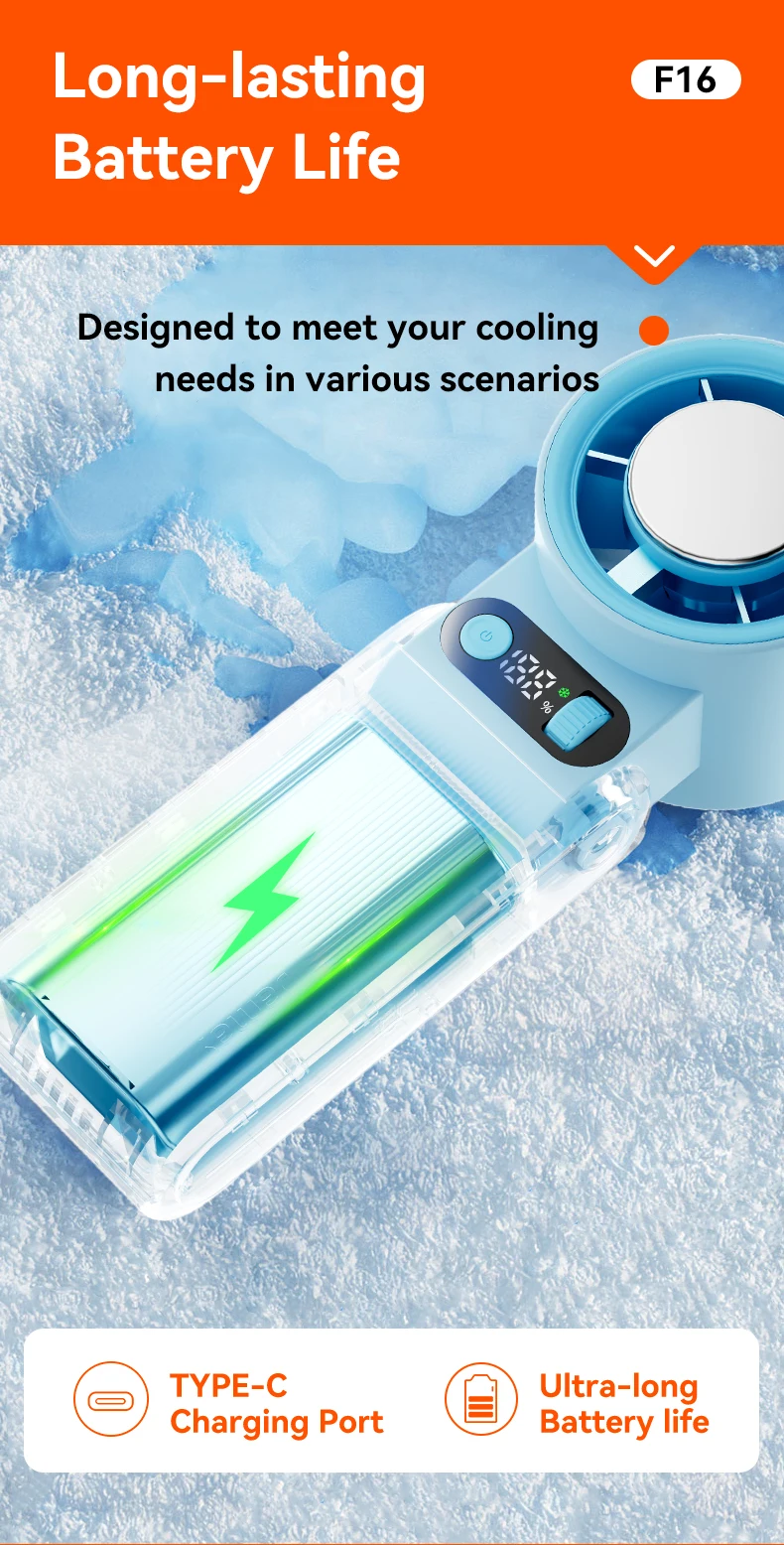 Portable Handheld Fan LED Digital Display With Refrigeration Board 90° Foldable 199Gear Strong Wind Speed 8000mAh F16