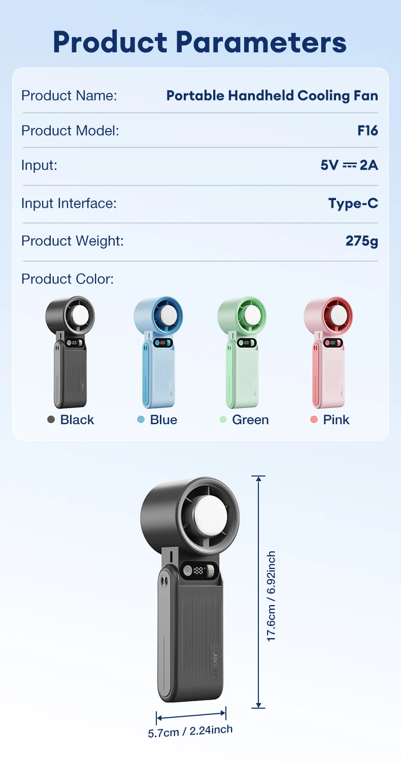 Portable Handheld Fan LED Digital Display With Refrigeration Board 90° Foldable 199Gear Strong Wind Speed 8000mAh F16