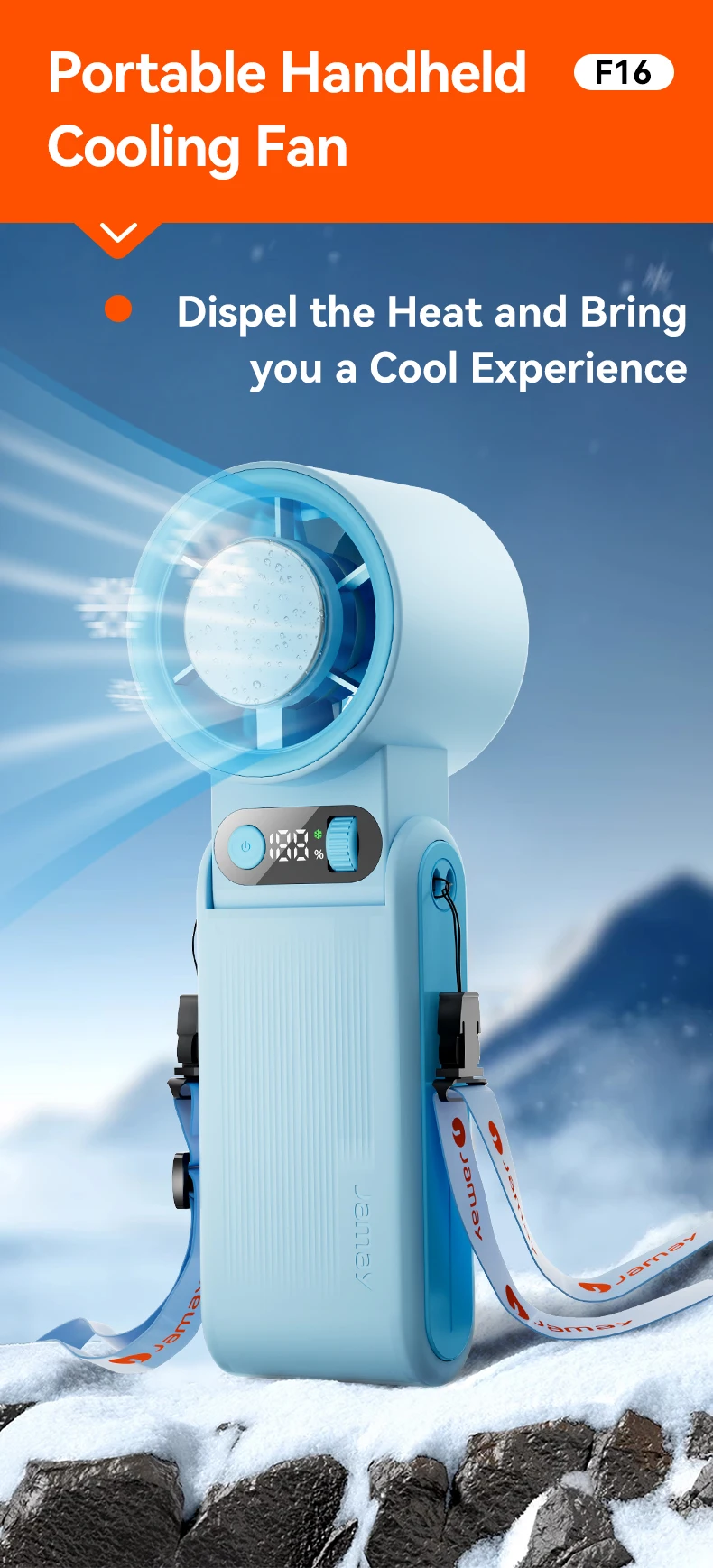 Portable Handheld Fan LED Digital Display With Refrigeration Board 90° Foldable 199Gear Strong Wind Speed 8000mAh F16