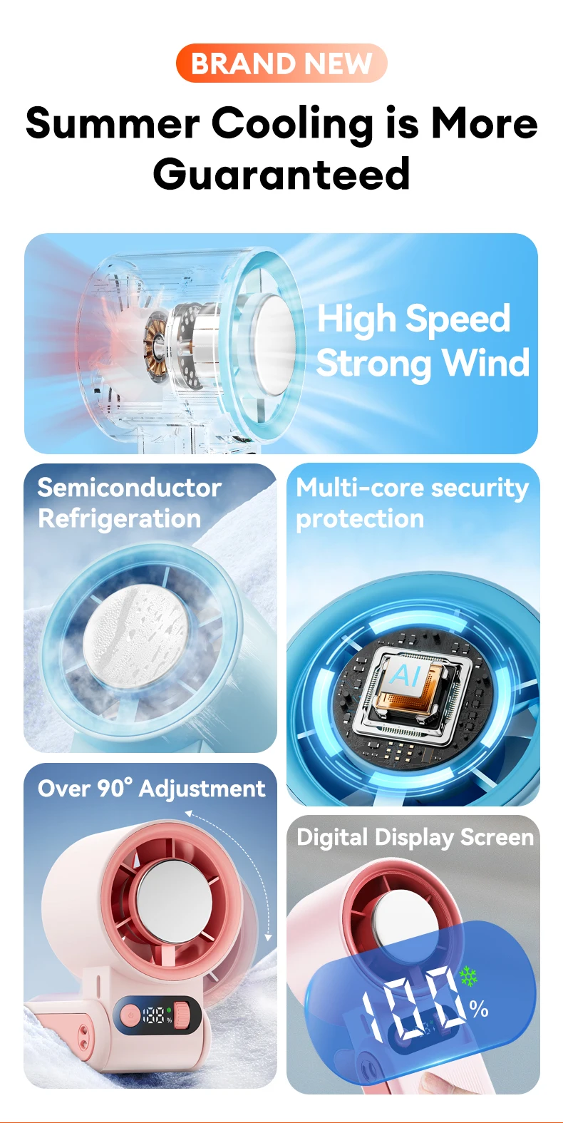Portable Handheld Fan LED Digital Display With Refrigeration Board 90° Foldable 199Gear Strong Wind Speed 8000mAh F16