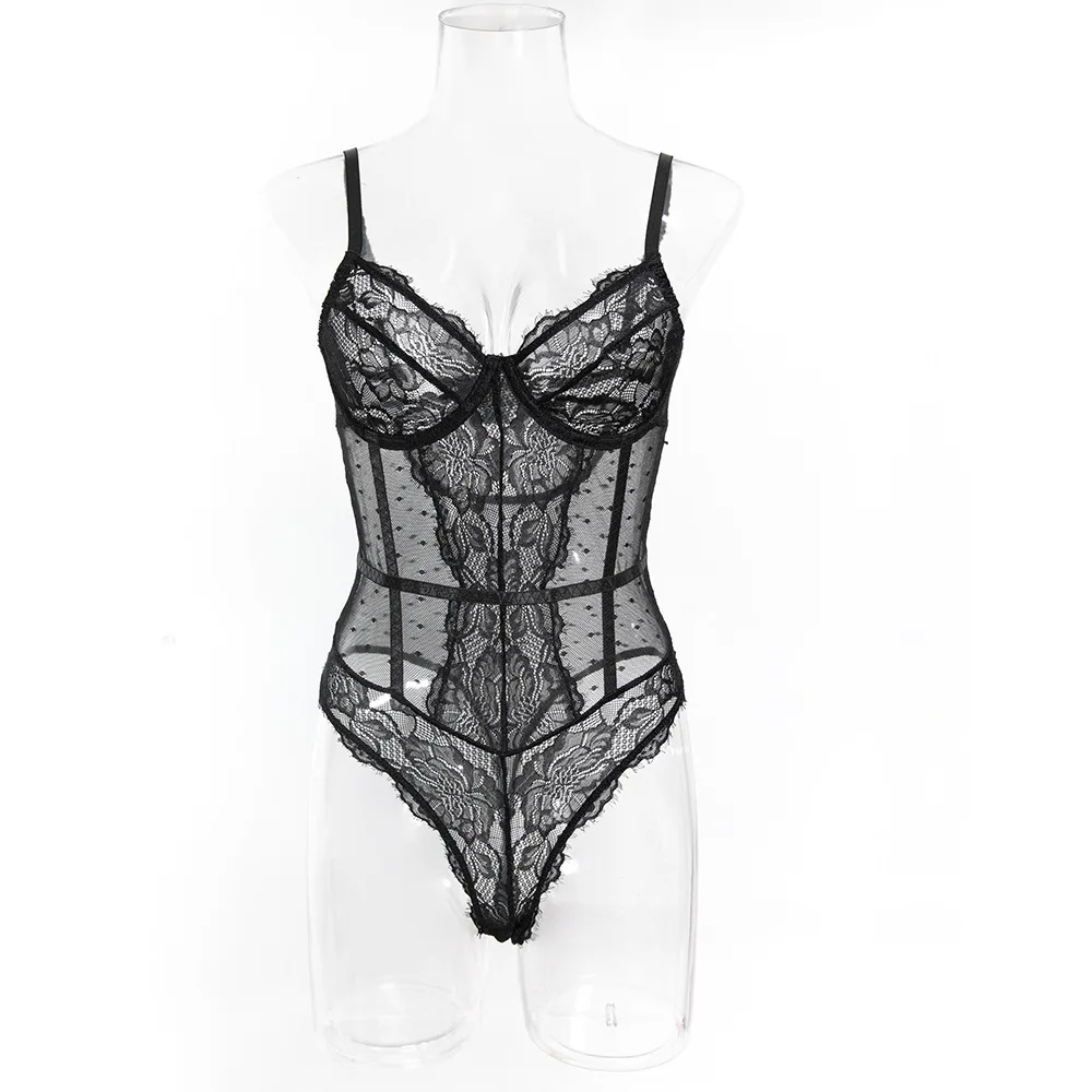 Magdalyn Women Sexy Polka Dot Strappy Bodysuits Bodycon Underwire Catsuits Push Up Onesie Intimate Floral Lace Rompers Lingerie
