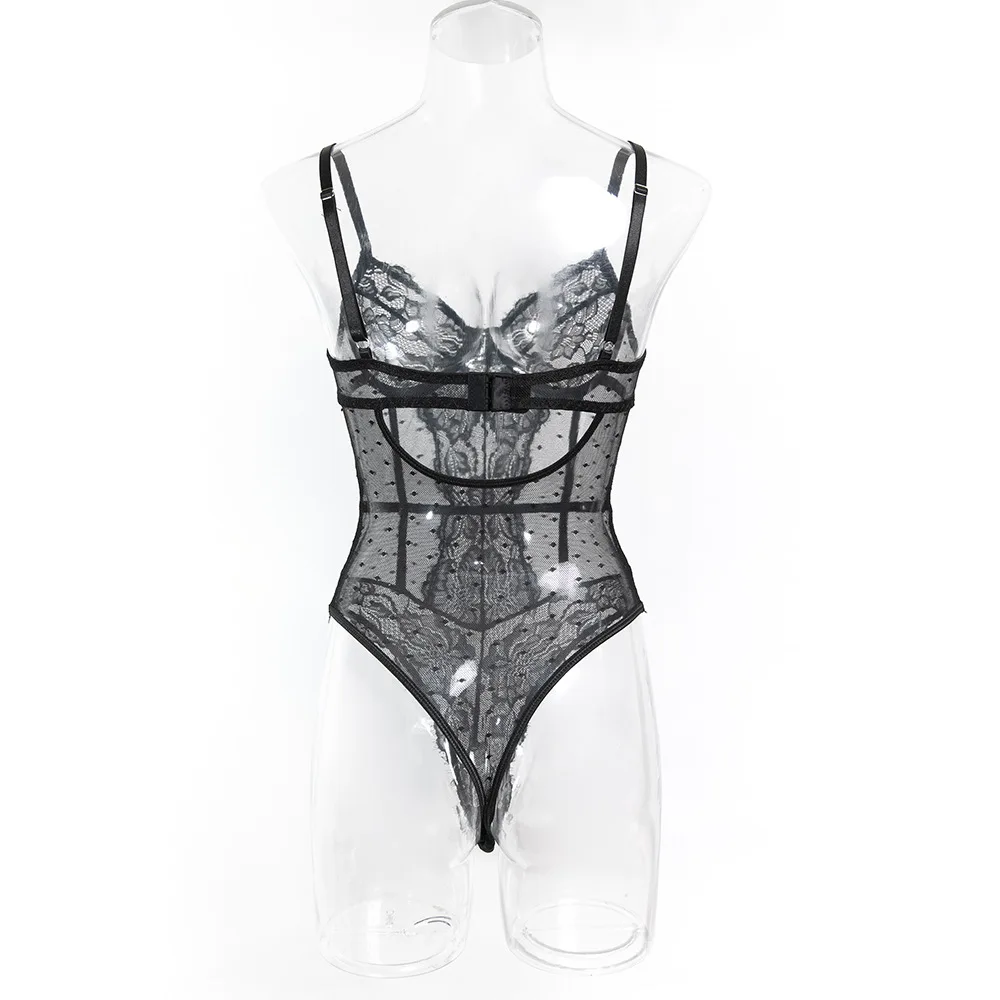 Magdalyn Women Sexy Polka Dot Strappy Bodysuits Bodycon Underwire Catsuits Push Up Onesie Intimate Floral Lace Rompers Lingerie