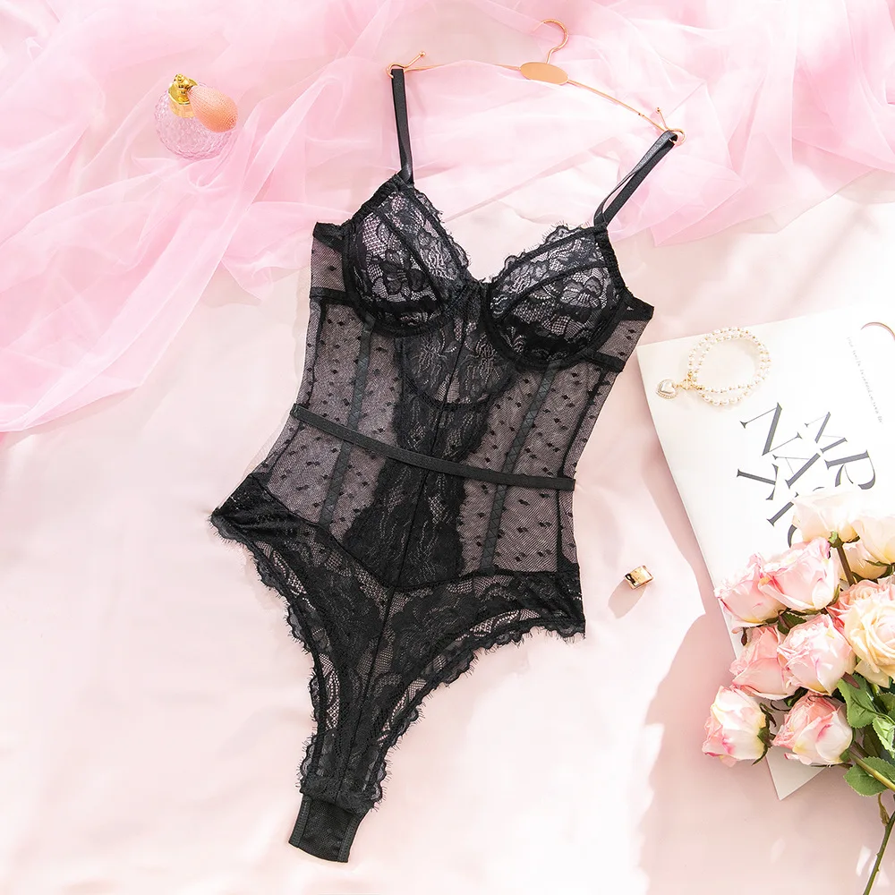 Magdalyn Women Sexy Polka Dot Strappy Bodysuits Bodycon Underwire Catsuits Push Up Onesie Intimate Floral Lace Rompers Lingerie
