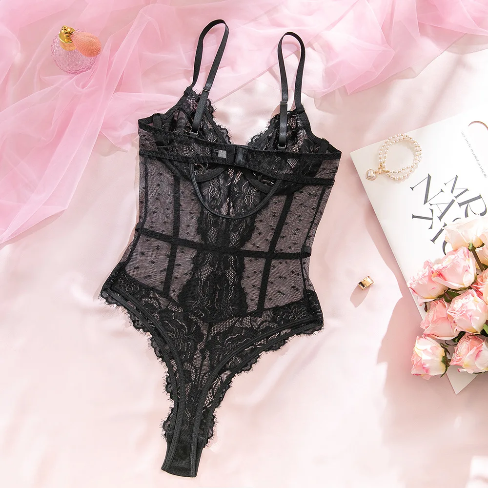 Magdalyn Women Sexy Polka Dot Strappy Bodysuits Bodycon Underwire Catsuits Push Up Onesie Intimate Floral Lace Rompers Lingerie
