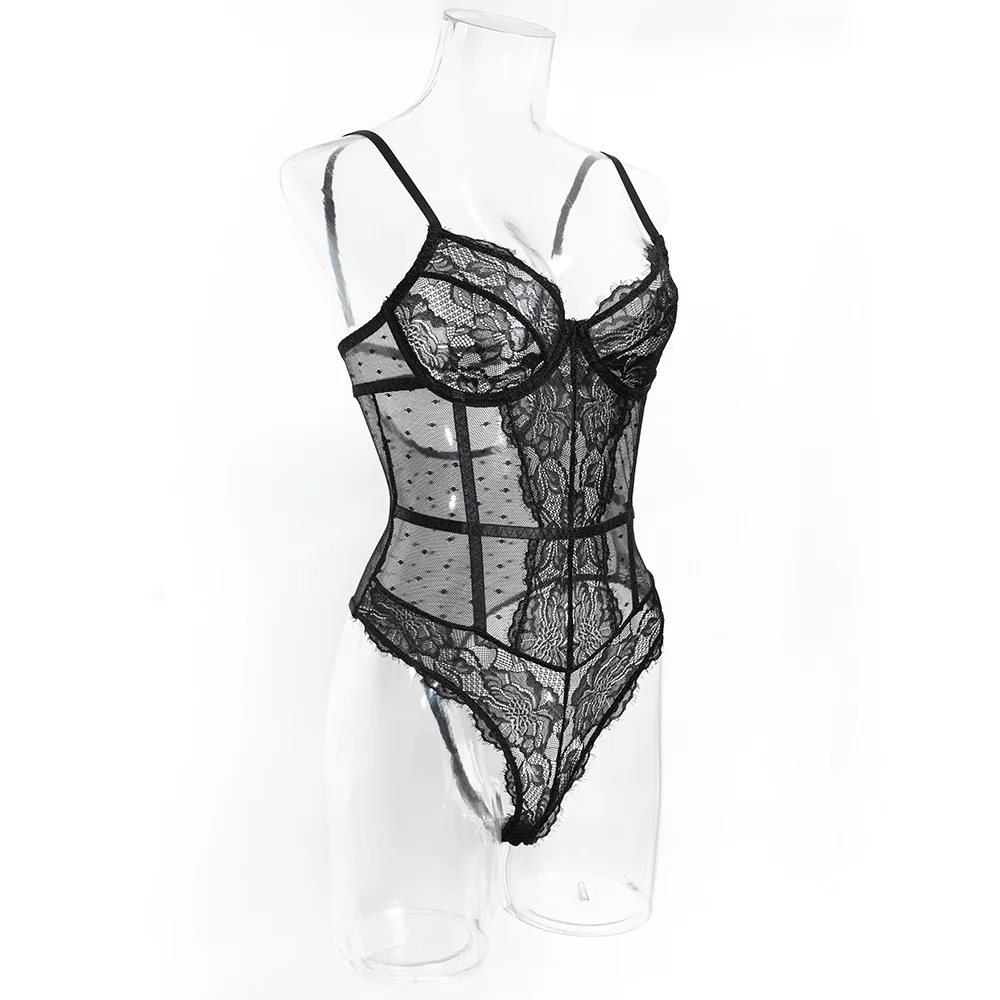 Magdalyn Women Sexy Polka Dot Strappy Bodysuits Bodycon Underwire Catsuits Push Up Onesie Intimate Floral Lace Rompers Lingerie