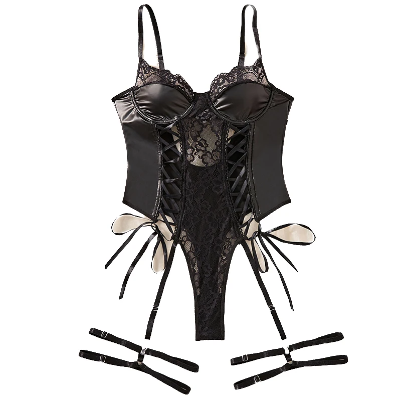 CHILLGIO Women Sexy Fishnets PU Jumpsuit Lingerie One Pieces Bodycon Bodysuit Erotic Sleepwear Chic Transparent Strappy Overalls