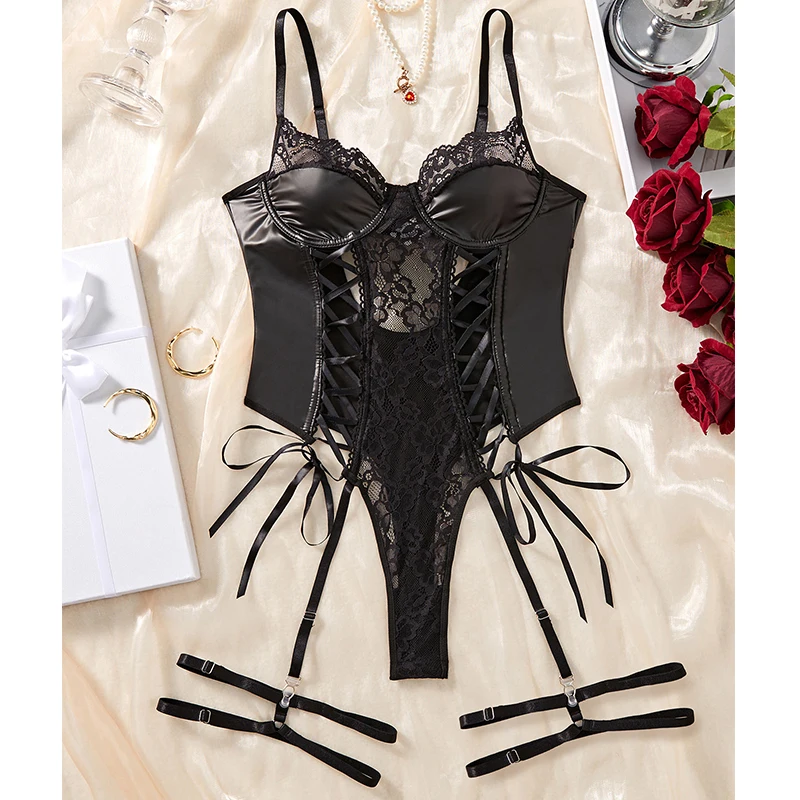 CHILLGIO Women Sexy Fishnets PU Jumpsuit Lingerie One Pieces Bodycon Bodysuit Erotic Sleepwear Chic Transparent Strappy Overalls