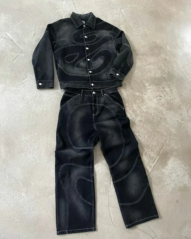 Patch Jeans Retro Striped Embroidered Jacket Two-Piece Set Y2k Suit Men's Harajuku hiphop Embroidered Loose Jeans Old Jacket