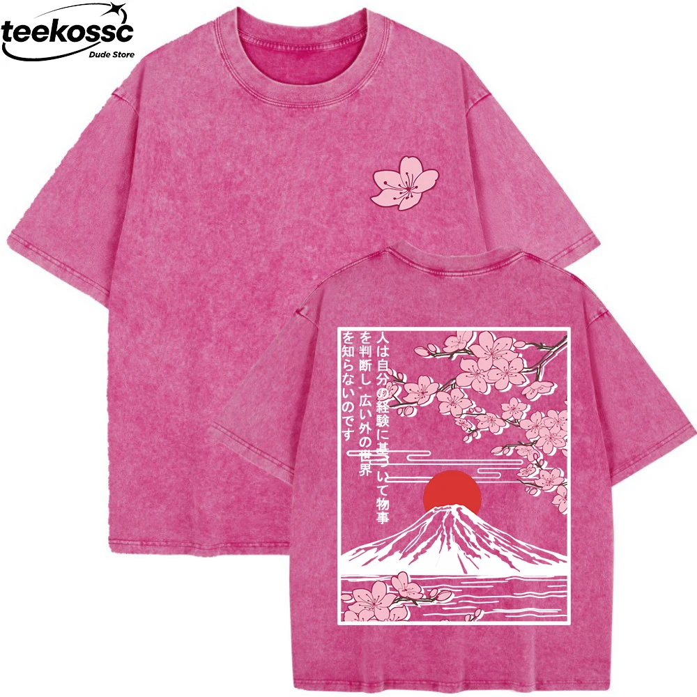 Mount Fuji Cherry Blossoms Prints Washed T-Shirts Womens Cotton Short Sleeve Tops Summer O-Neck Oversized T Shirt Basic Clothes