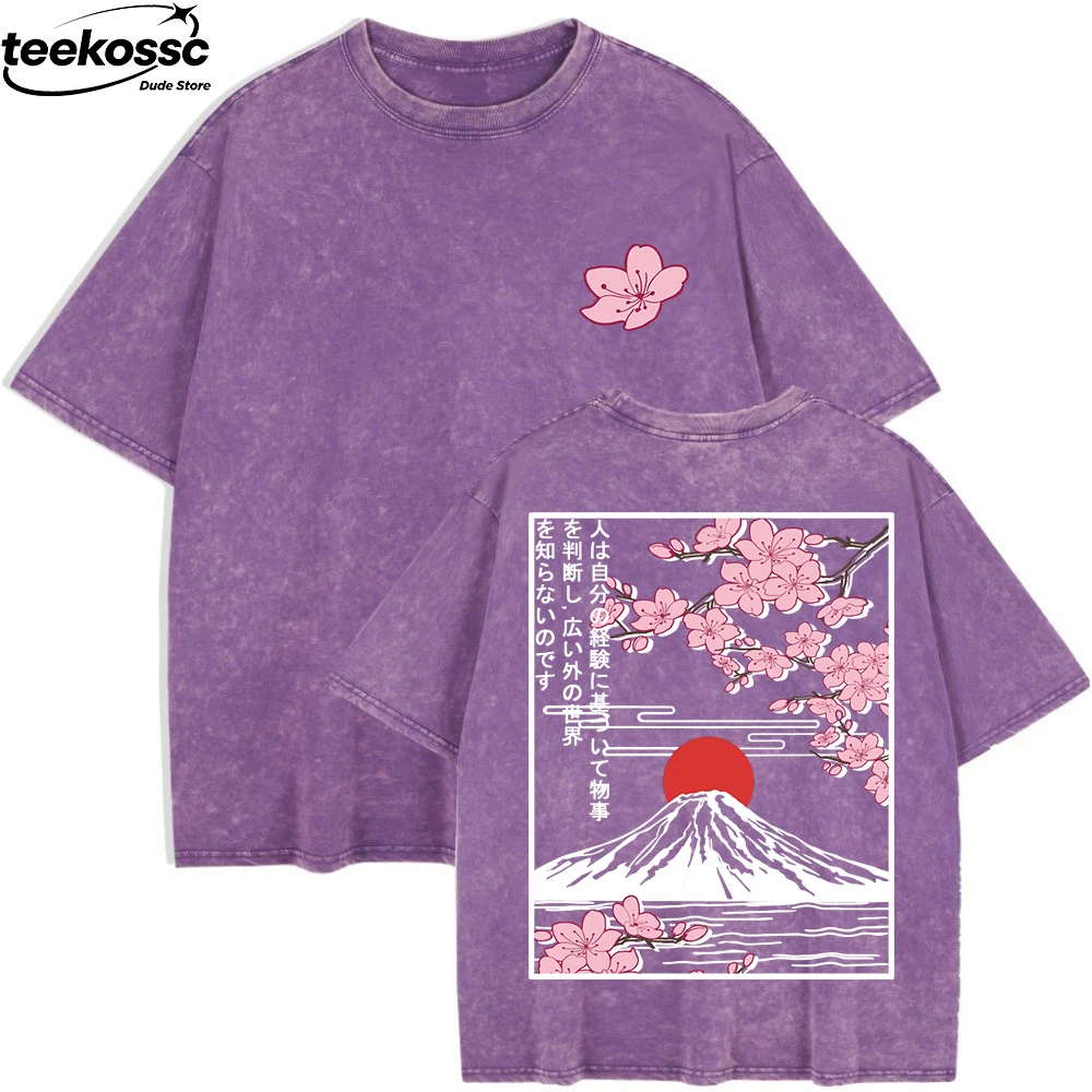 Mount Fuji Cherry Blossoms Prints Washed T-Shirts Womens Cotton Short Sleeve Tops Summer O-Neck Oversized T Shirt Basic Clothes
