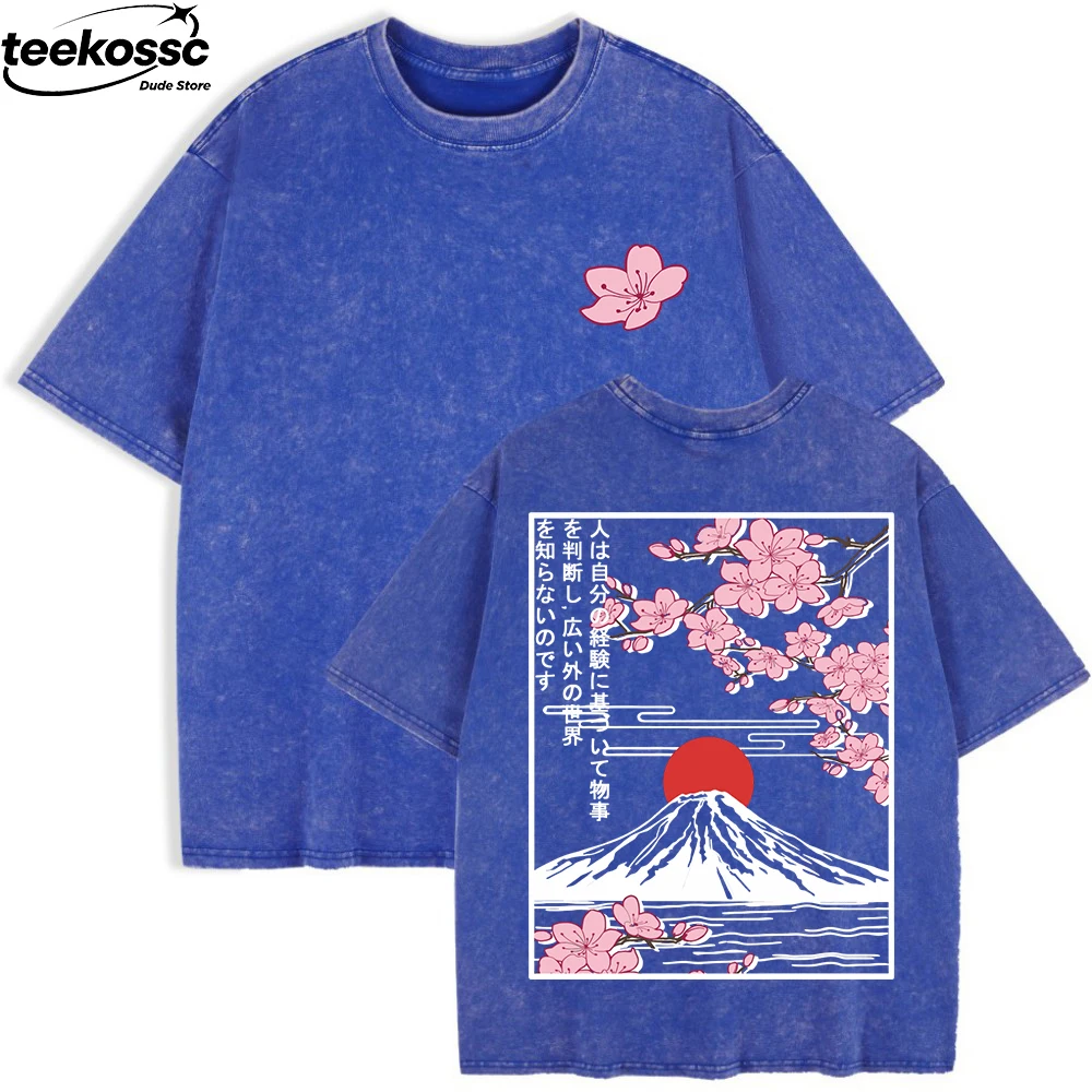 Mount Fuji Cherry Blossoms Prints Washed T-Shirts Womens Cotton Short Sleeve Tops Summer O-Neck Oversized T Shirt Basic Clothes