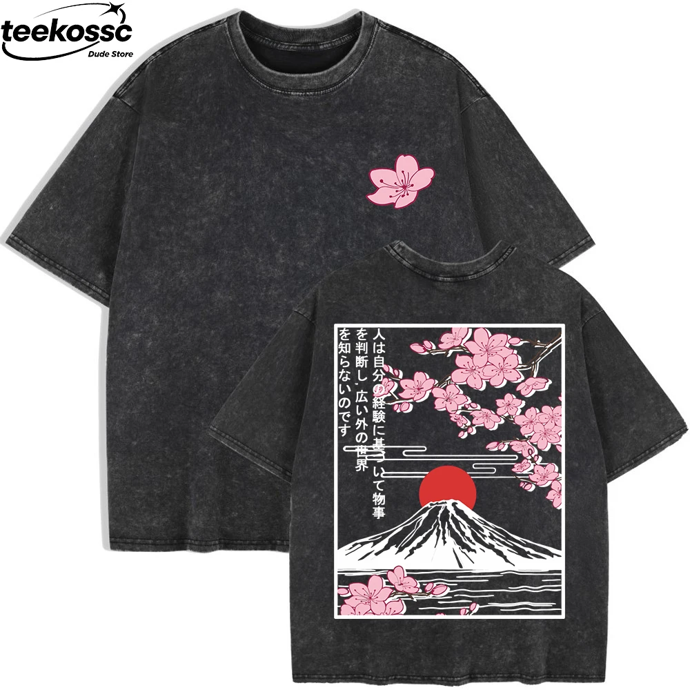 Mount Fuji Cherry Blossoms Prints Washed T-Shirts Womens Cotton Short Sleeve Tops Summer O-Neck Oversized T Shirt Basic Clothes