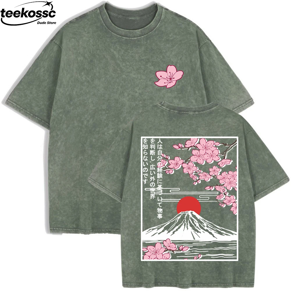 Mount Fuji Cherry Blossoms Prints Washed T-Shirts Womens Cotton Short Sleeve Tops Summer O-Neck Oversized T Shirt Basic Clothes