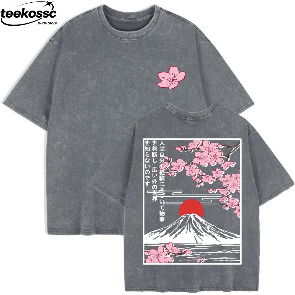 Mount Fuji Cherry Blossoms Prints Washed T-Shirts Womens Cotton Short Sleeve Tops Summer O-Neck Oversized T Shirt Basic Clothes