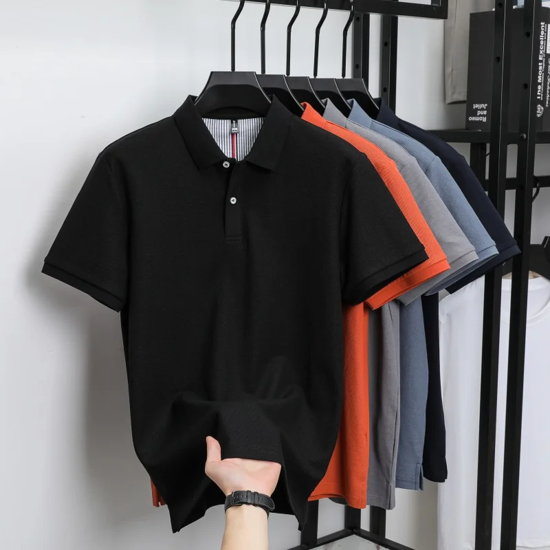 100% Pure Cotton Short-Sleeved Men's Polo Shirt Summer Boutique Fashion High-Quality Top Solid Color Collar Back Striped T-Shirt