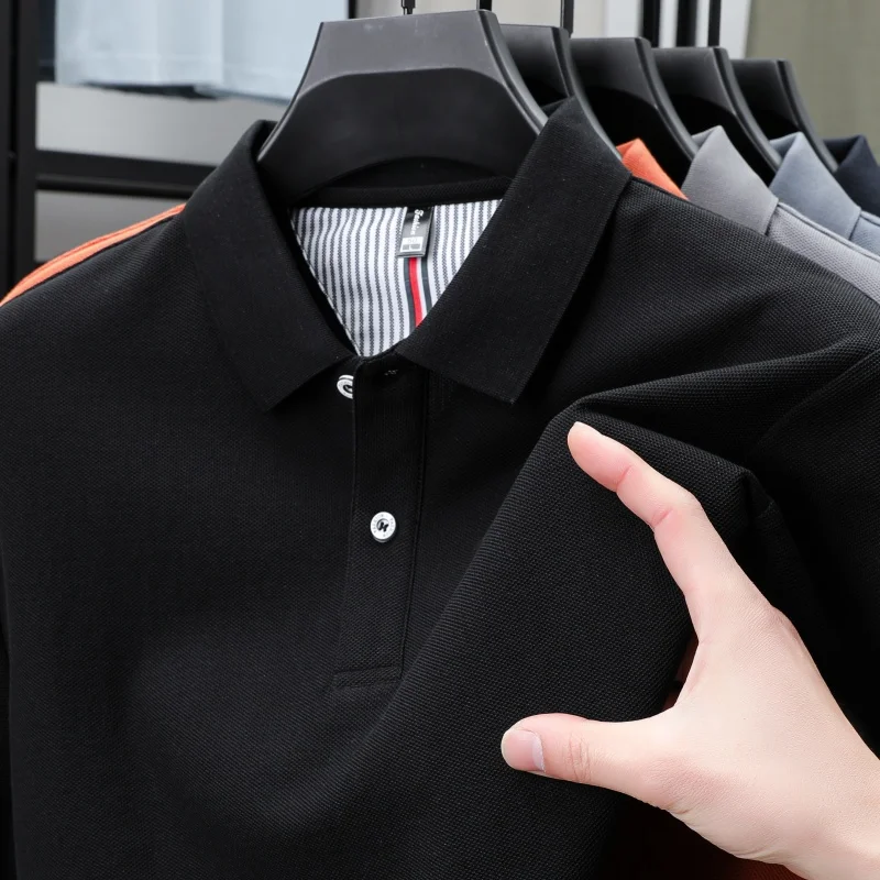 100% Pure Cotton Short-Sleeved Men's Polo Shirt Summer Boutique Fashion High-Quality Top Solid Color Collar Back Striped T-Shirt